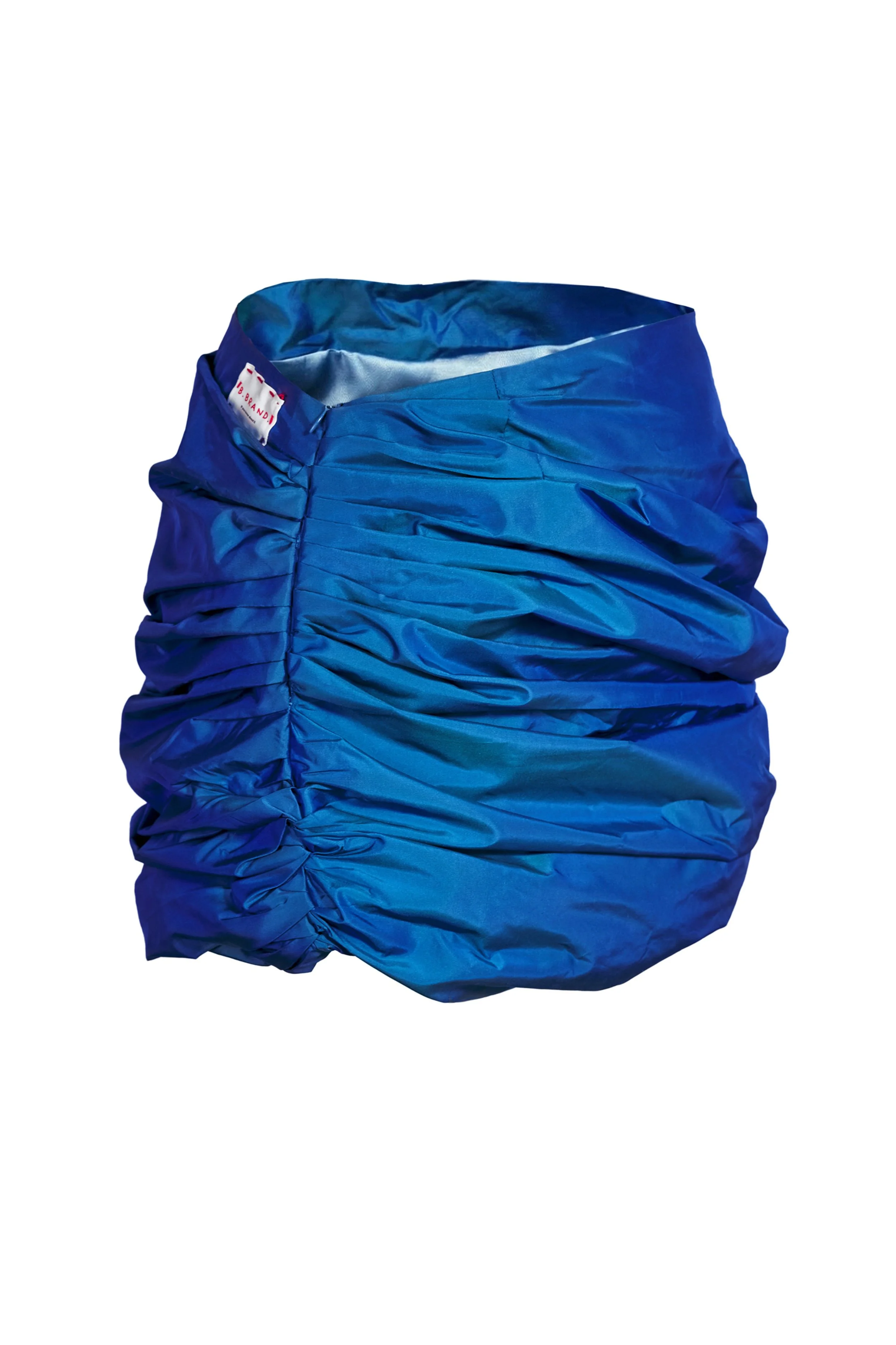 Cobalt blue ruched taffeta mini skirt, back view showing hidden zip closure — Mini Tsunami by B.Brand