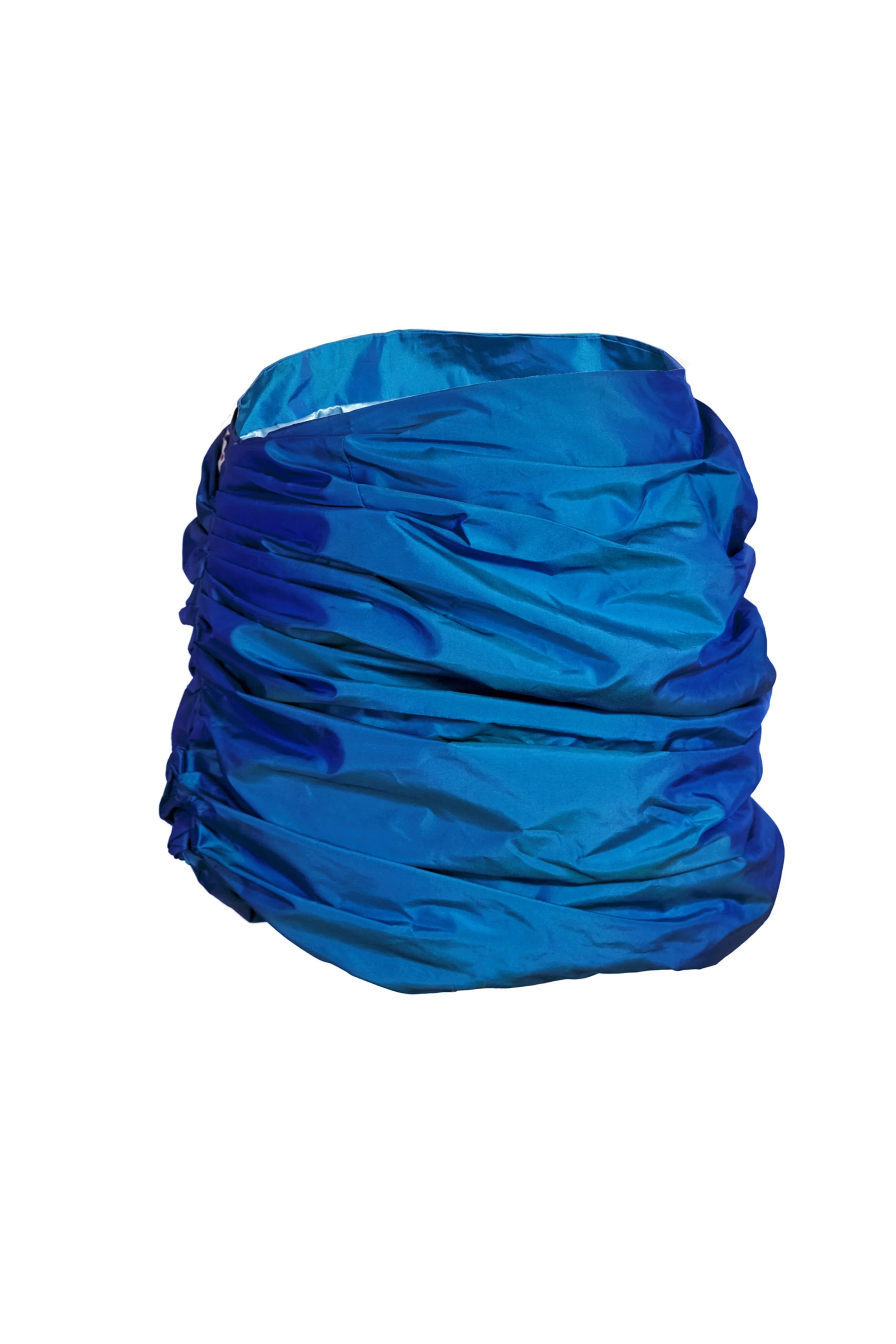Cobalt blue taffeta mini skirt, three-quarter view showing wave ruching — Mini Tsunami by B.Brand