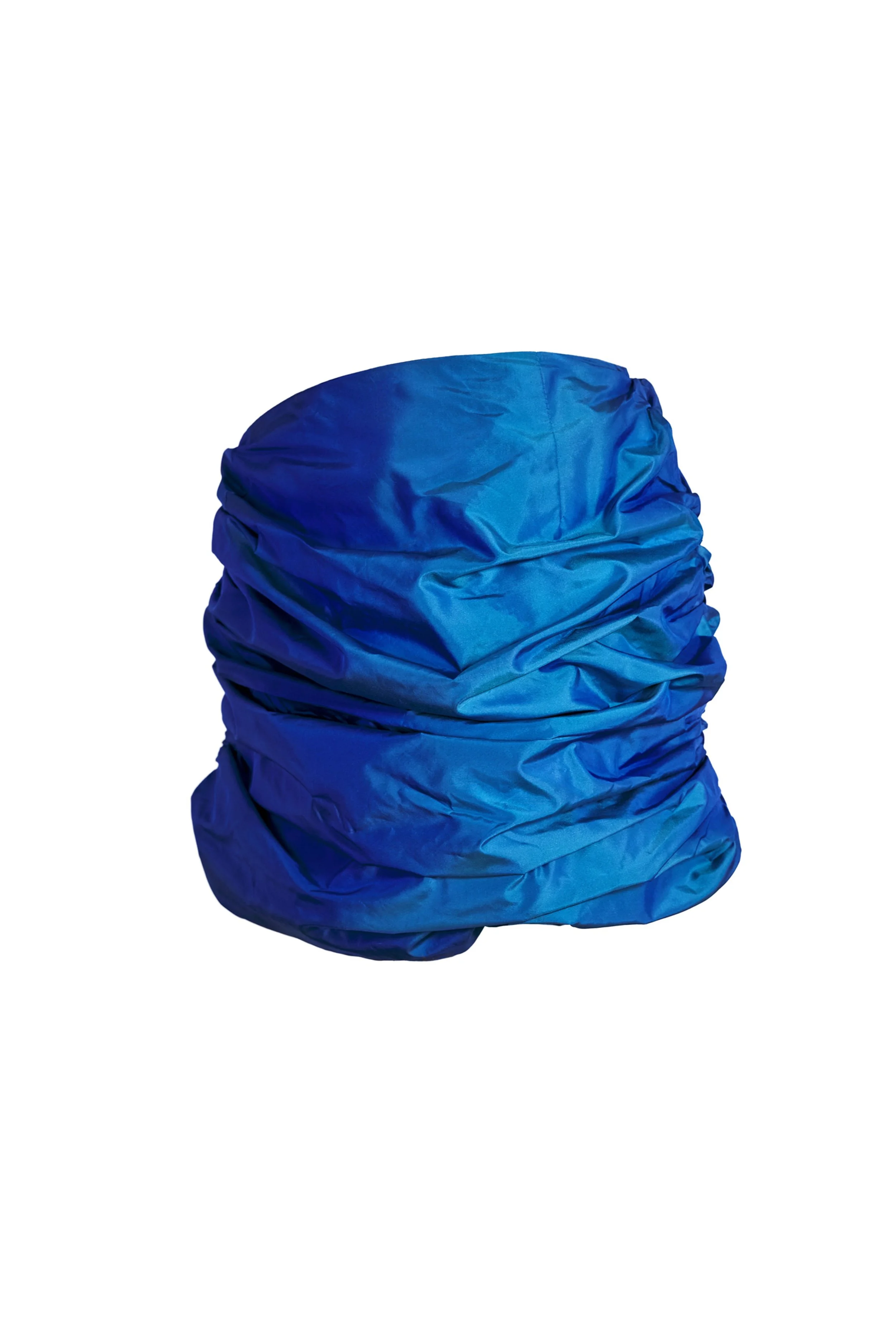 Close-up of ruched cobalt iridescent taffeta showing wave texture and silk-finished waistband — Mini Tsunami by B.Brand