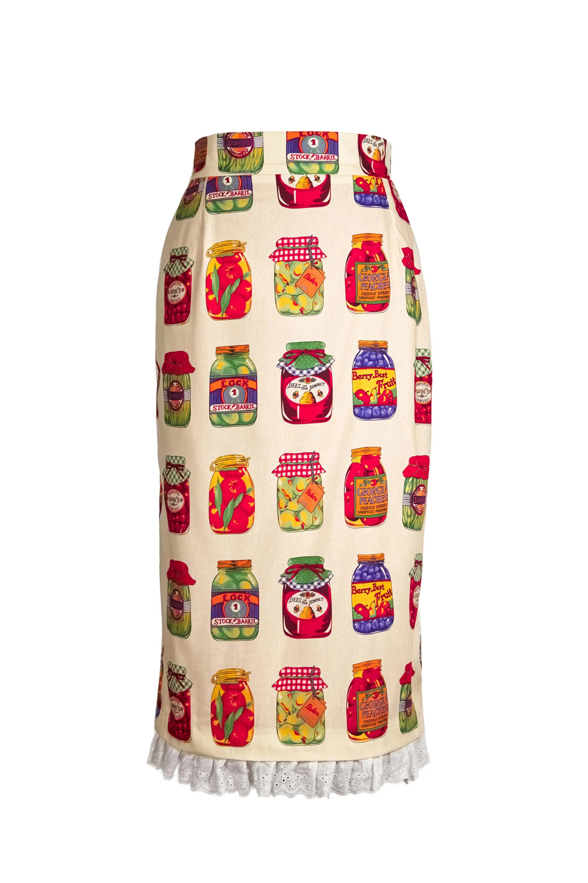 Cream cotton midi skirt with colourful cans print, front view - Grandma Gifts by B.Brand