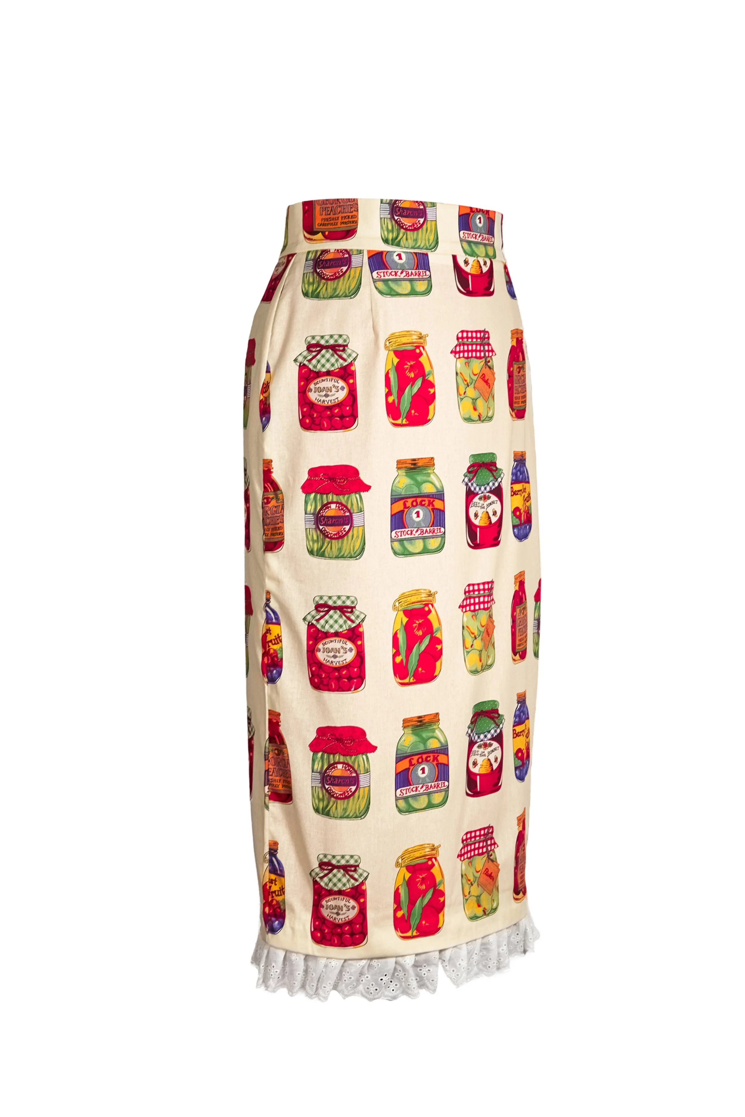 Cream cotton midi skirt with cans print, three-quarter view - Grandma Gifts by B.Brand