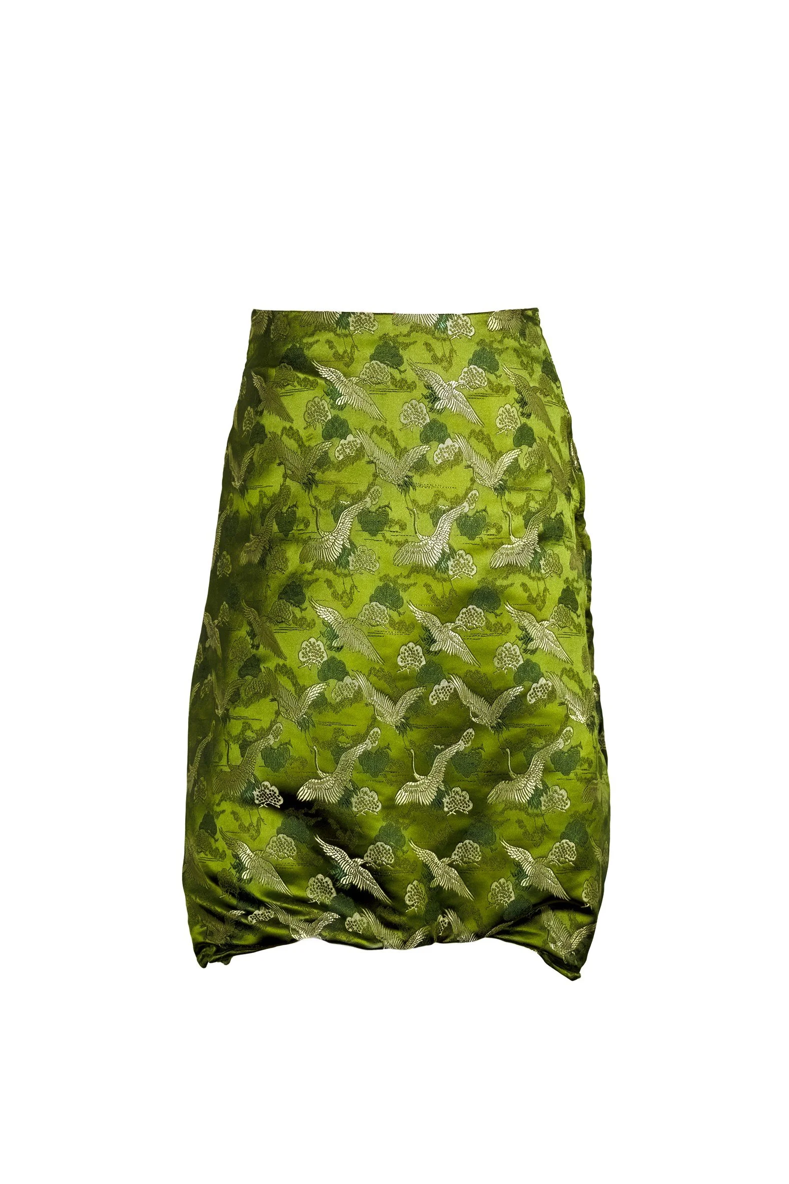 Olive green jacquard mini skirt with Japanese crane print, wire hem lying flat — Japan Origami by B.Brand