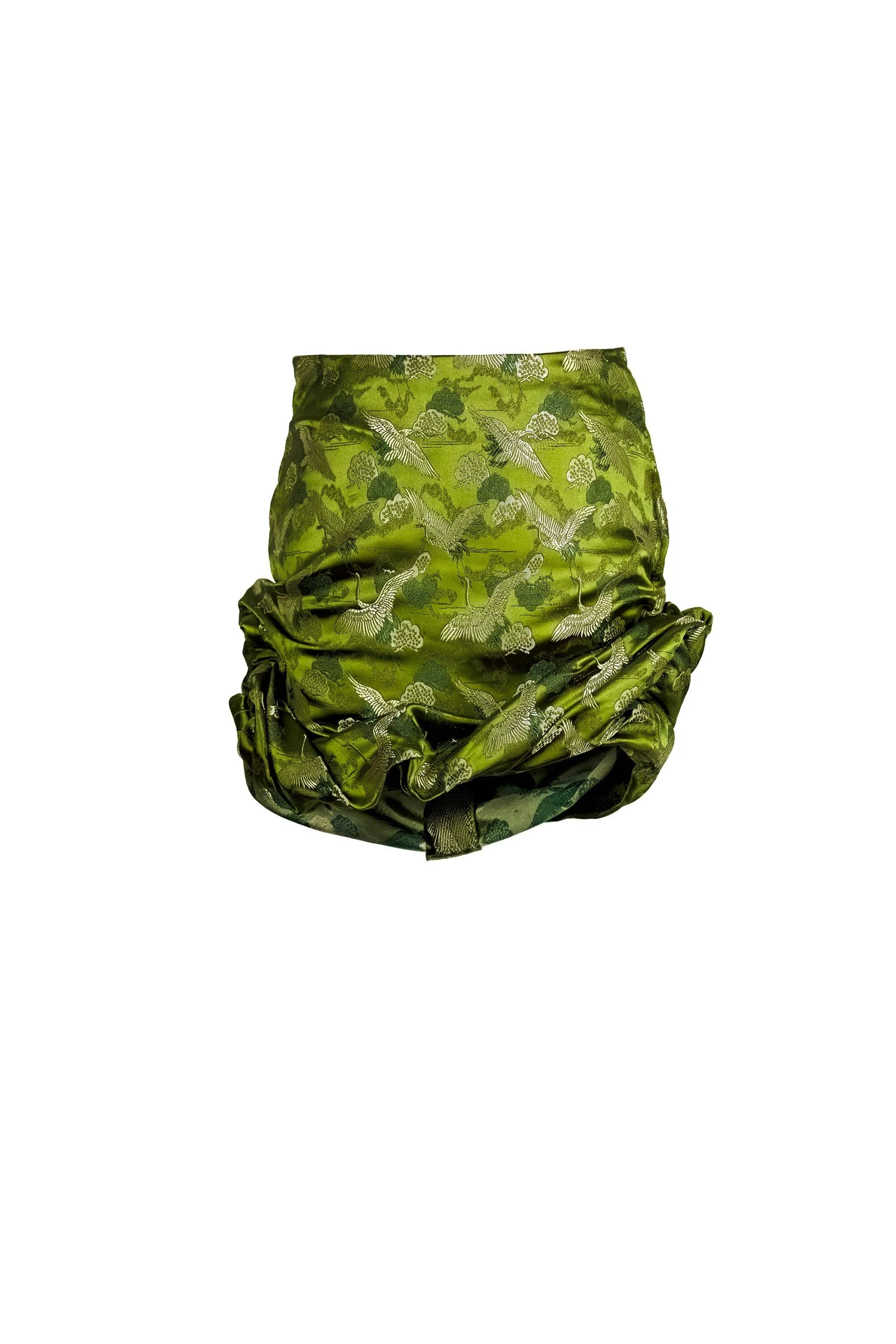 Olive green jacquard skirt with wire hem gathered into a cocoon mini silhouette — Japan Origami by B.Brand