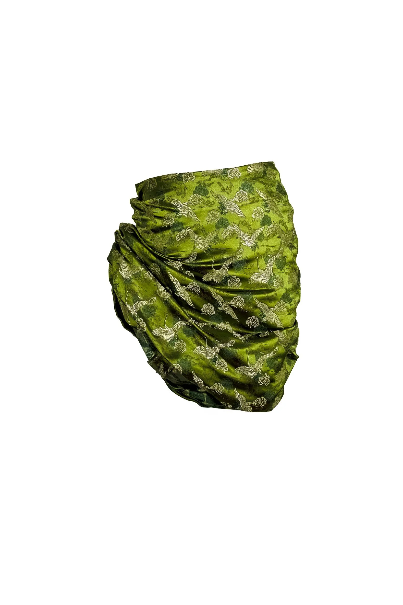 Olive green jacquard skirt three-quarter view with asymmetric wire drape — Japan Origami by B.Brand