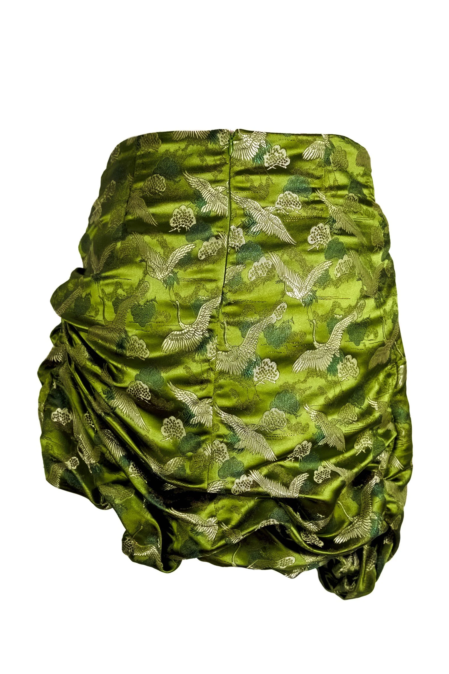Olive green jacquard mini skirt back view showing zip closure and wire-shaped bubble hem — Japan Origami by B.Brand