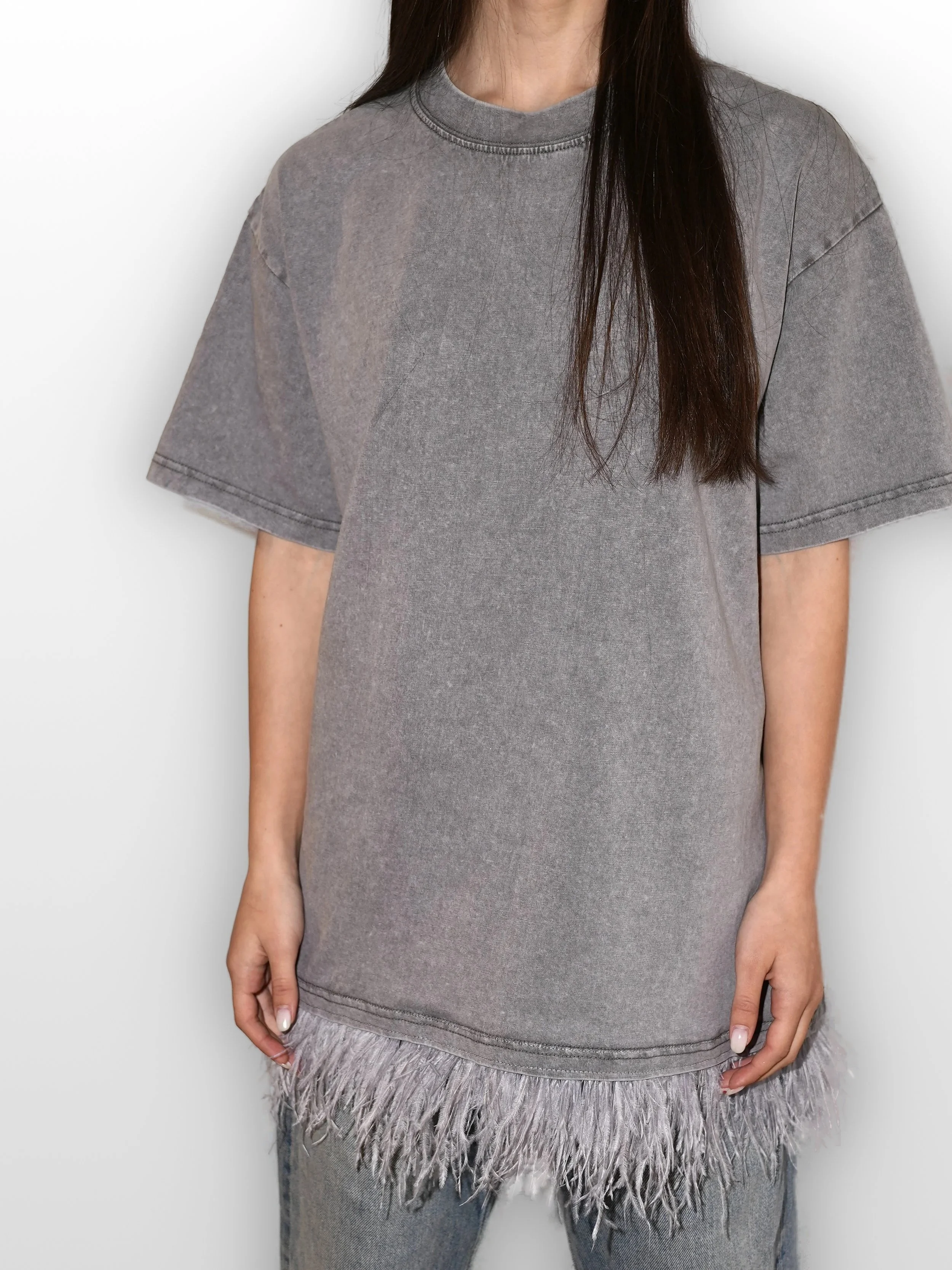 B.Brand Gray Feather T-Shirt -- front view: oversized washed grey cotton with ostrich feather hem trim