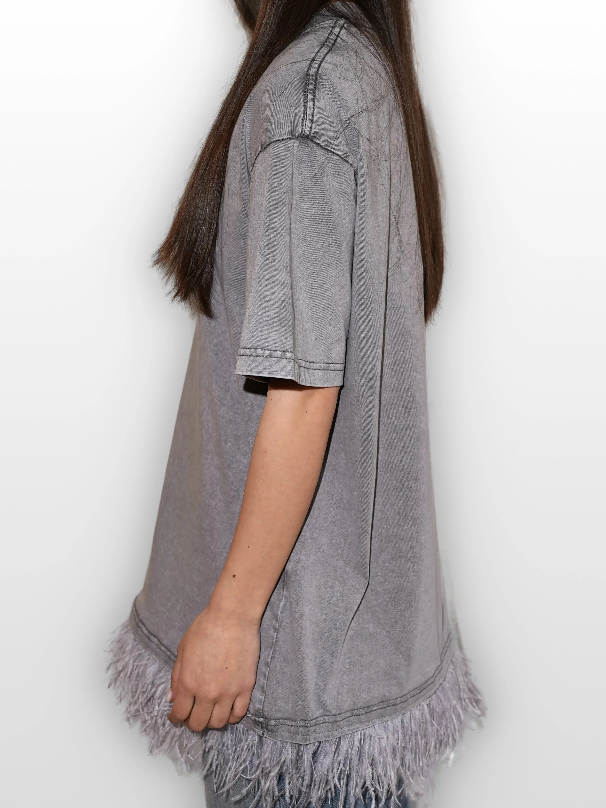 B.Brand Gray Feather T-Shirt -- back view: dropped shoulders, ostrich feather trim at hem