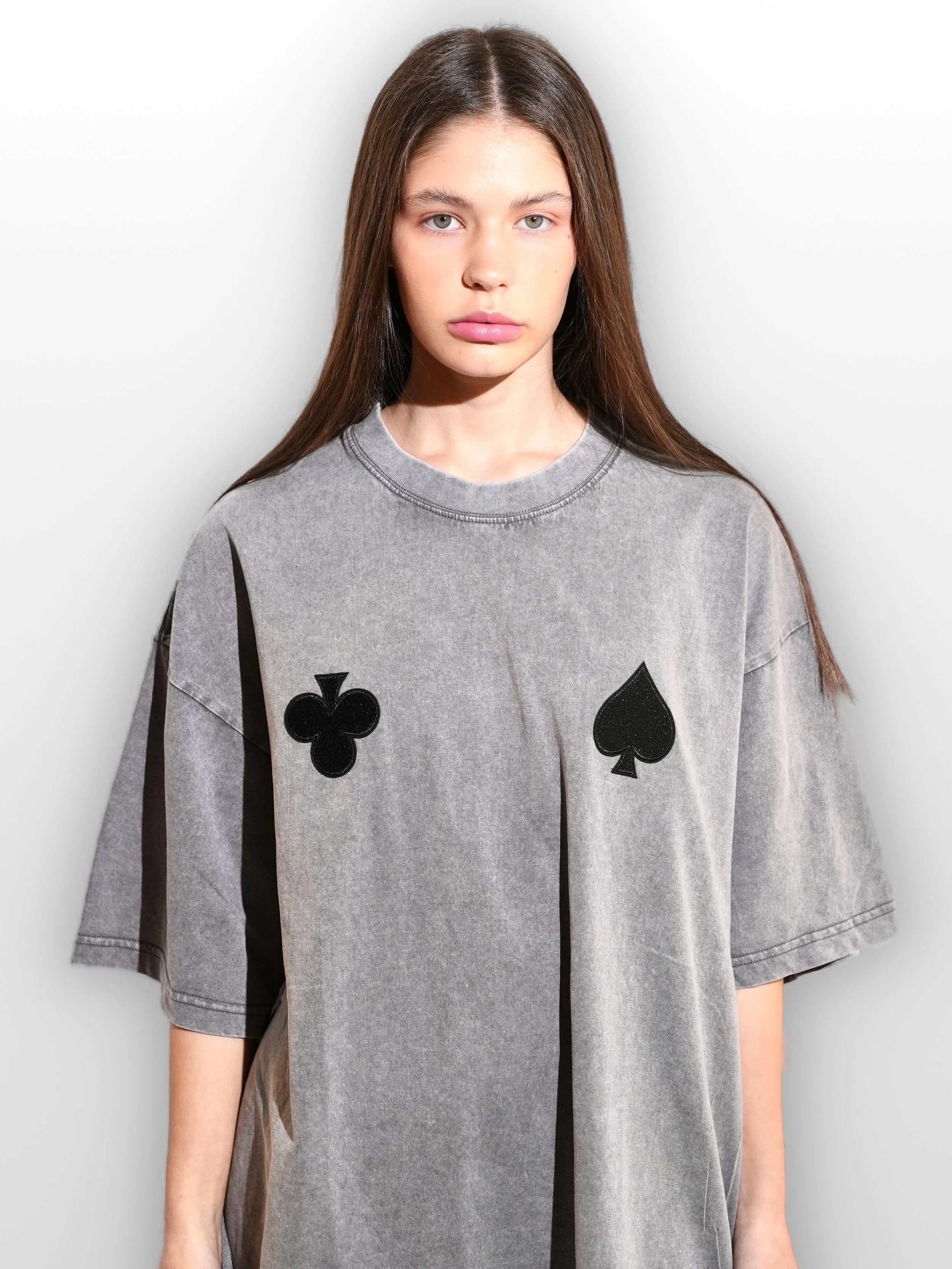 B.Brand Black Cards T-Shirt — front view: oversized washed grey cotton, black playing card embroidery