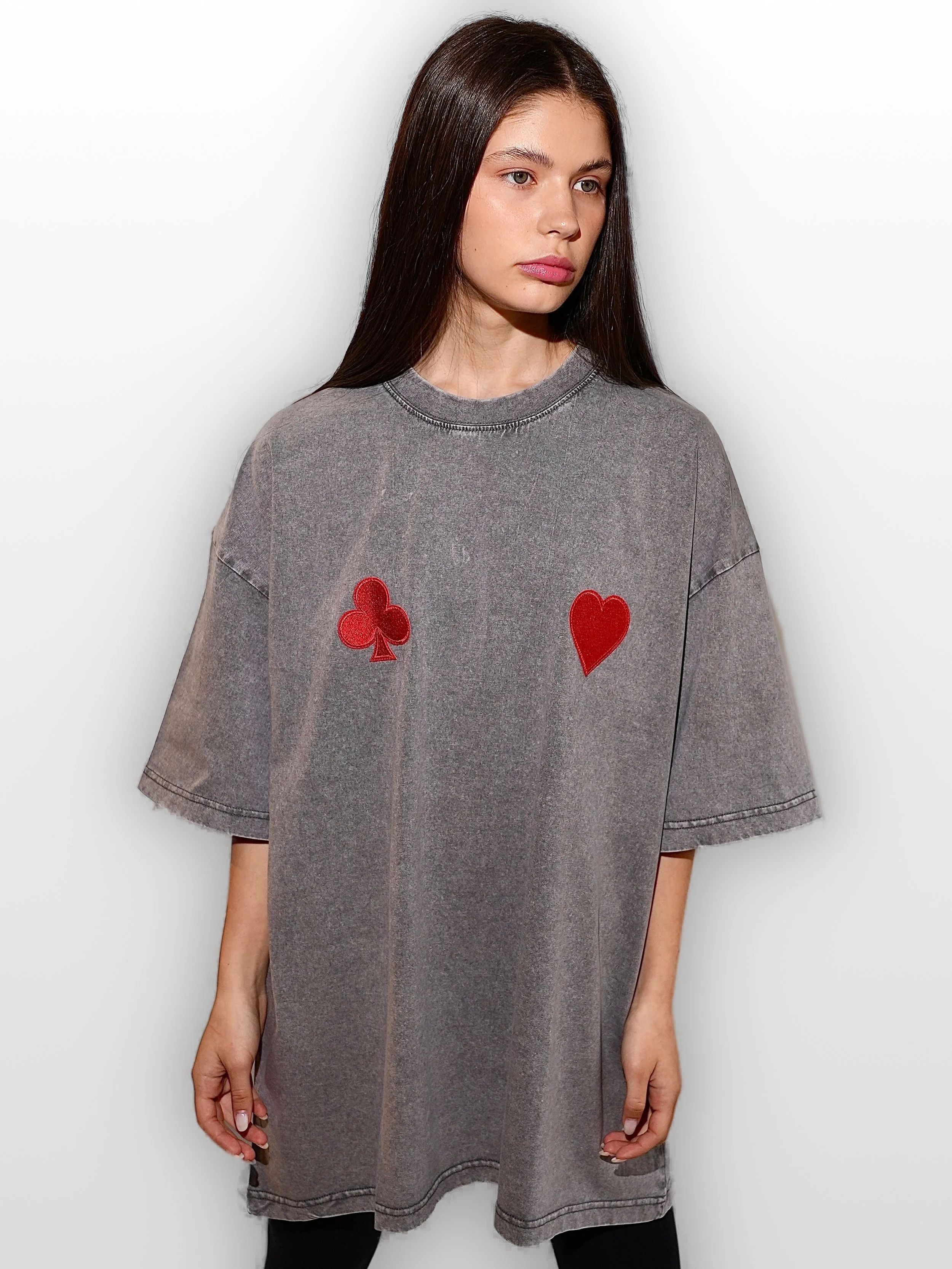 B.Brand Red Cards T-Shirt — front view: oversized washed grey cotton, red playing card embroidery