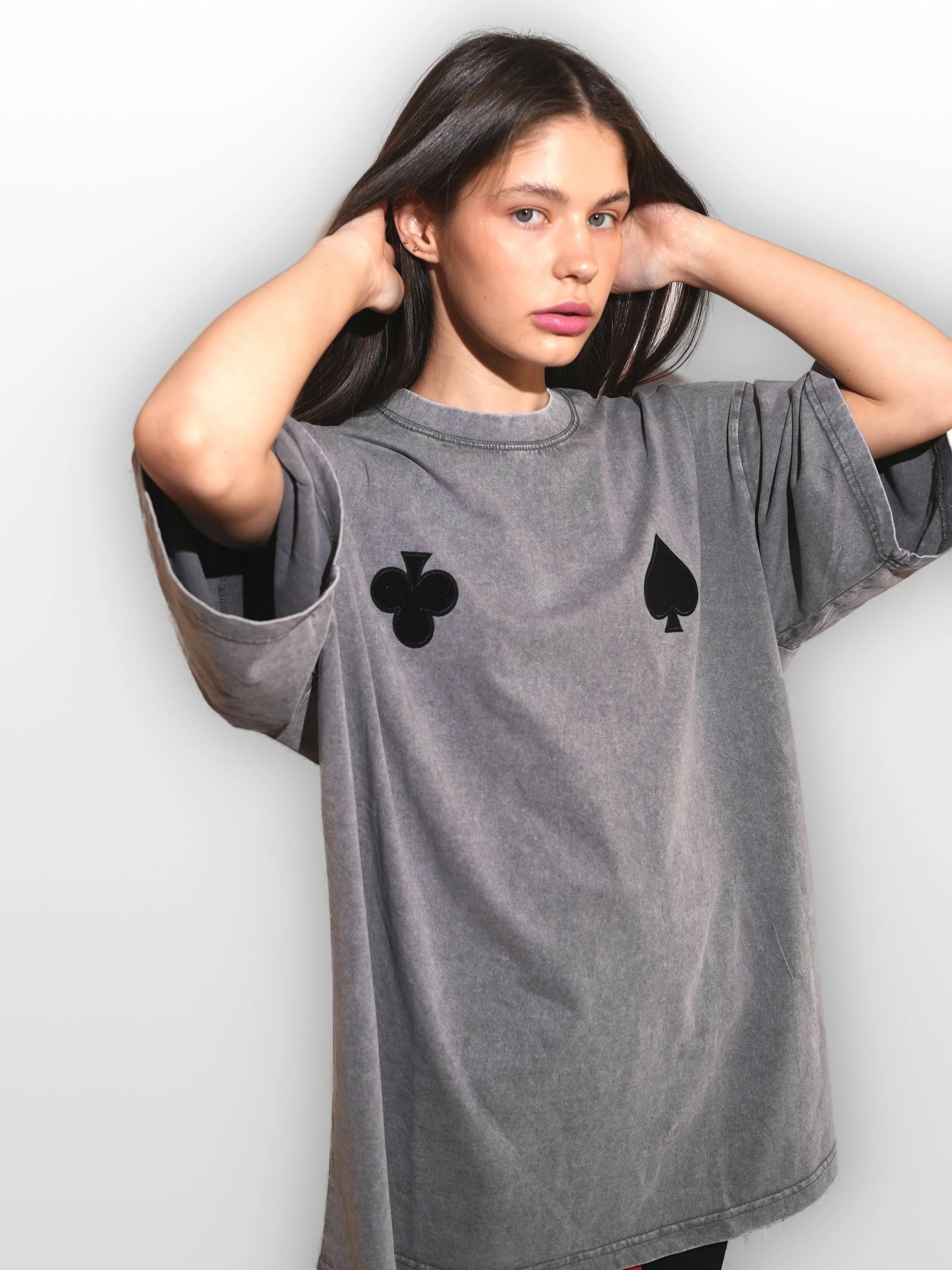 B.Brand Black Cards T-Shirt — side view: oversized silhouette, chest embroidery detail