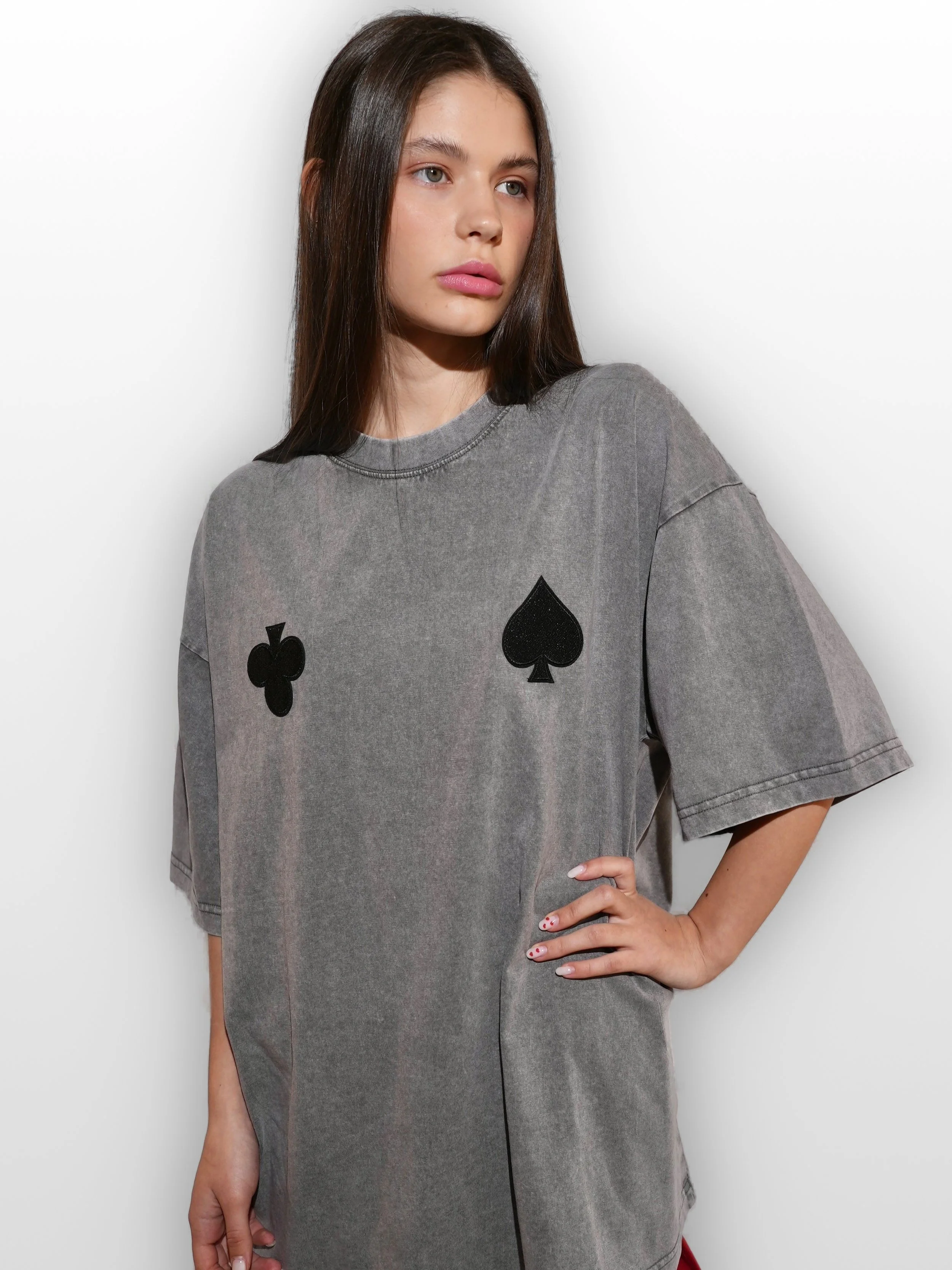 B.Brand Black Cards T-Shirt — three-quarter view: black card symbols on washed grey cotton