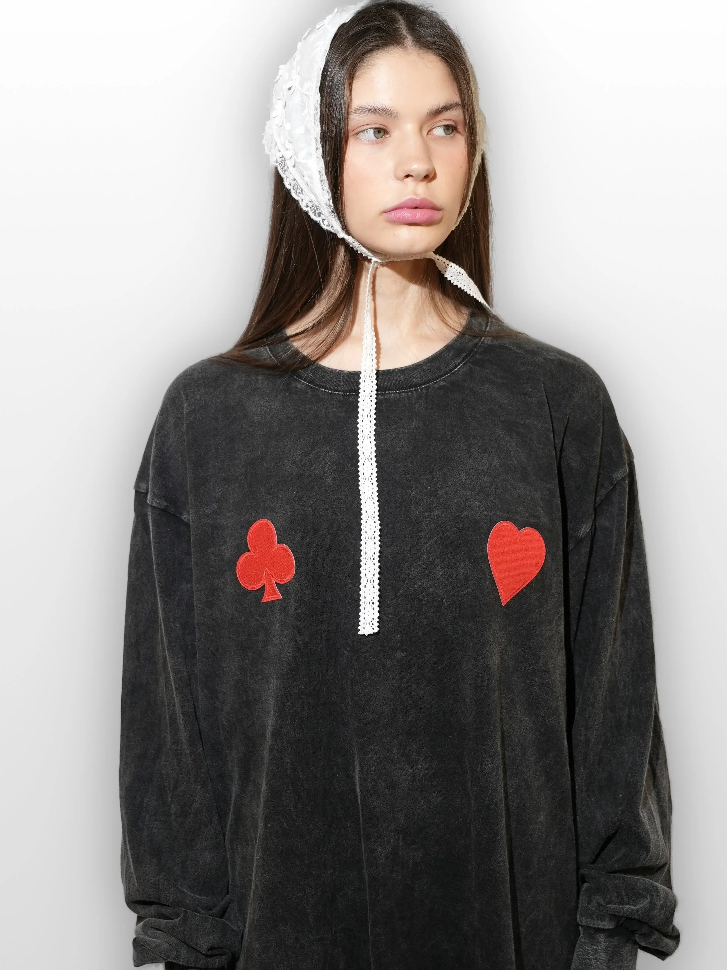 B.Brand Dark Gray Red Cards Long Sleeve — full length: washed dark grey, red card embroidery, lace headpiece