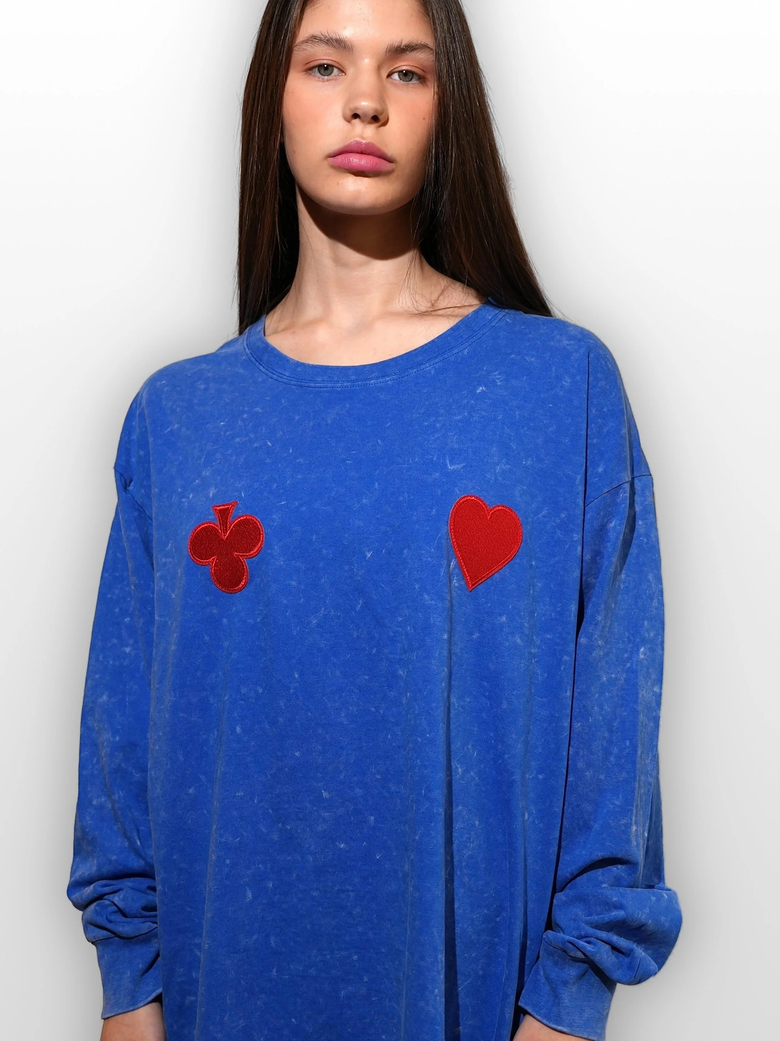 B.Brand Blue Red Cards Long Sleeve — front view: oversized washed blue cotton, red playing card embroidery