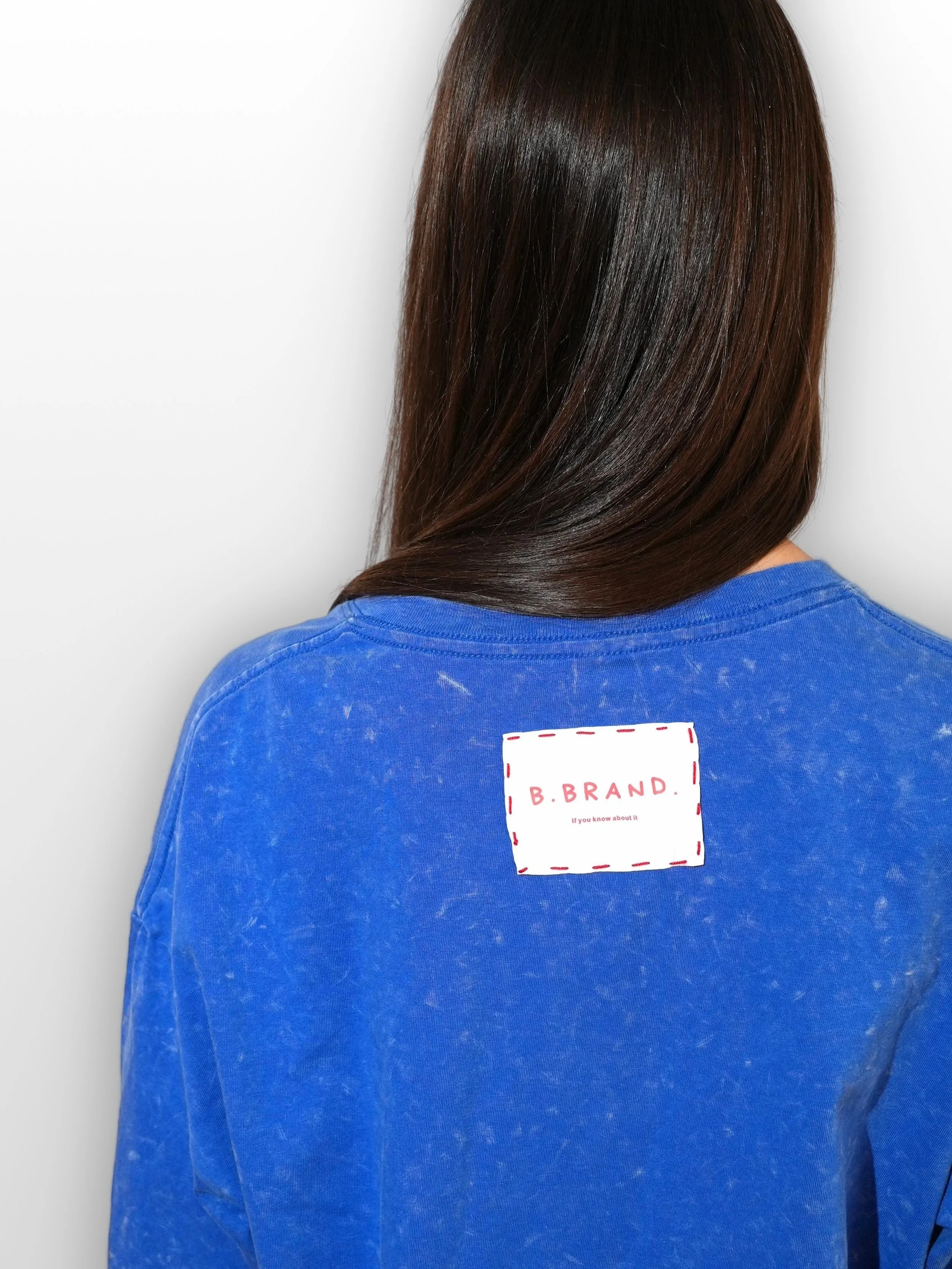 B.Brand Blue Red Cards Long Sleeve — side view: washed blue, embroidery detail on chest