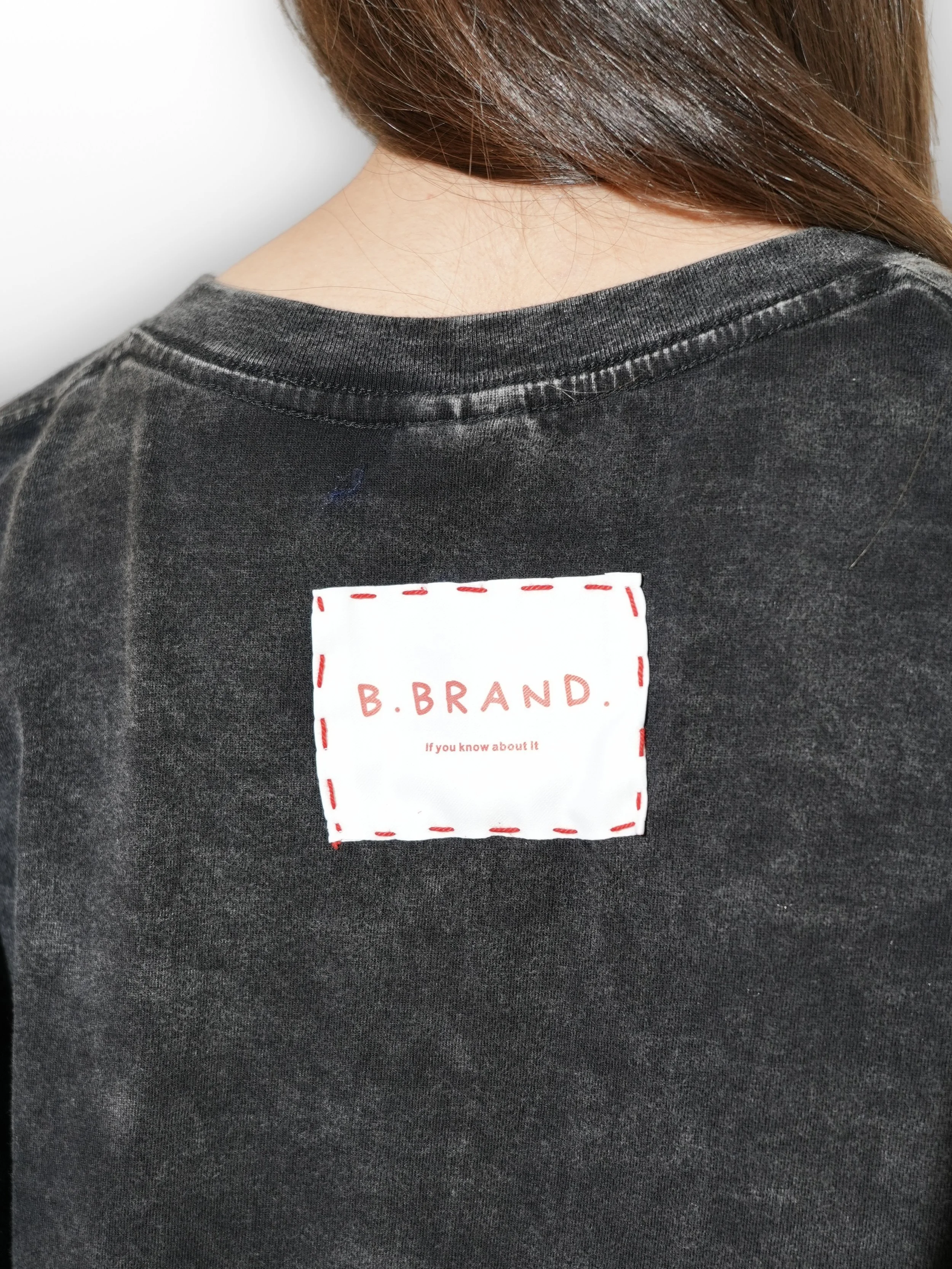 B.Brand Dark Gray Red Cards Long Sleeve — back view: oversized washed dark grey, clean silhouette
