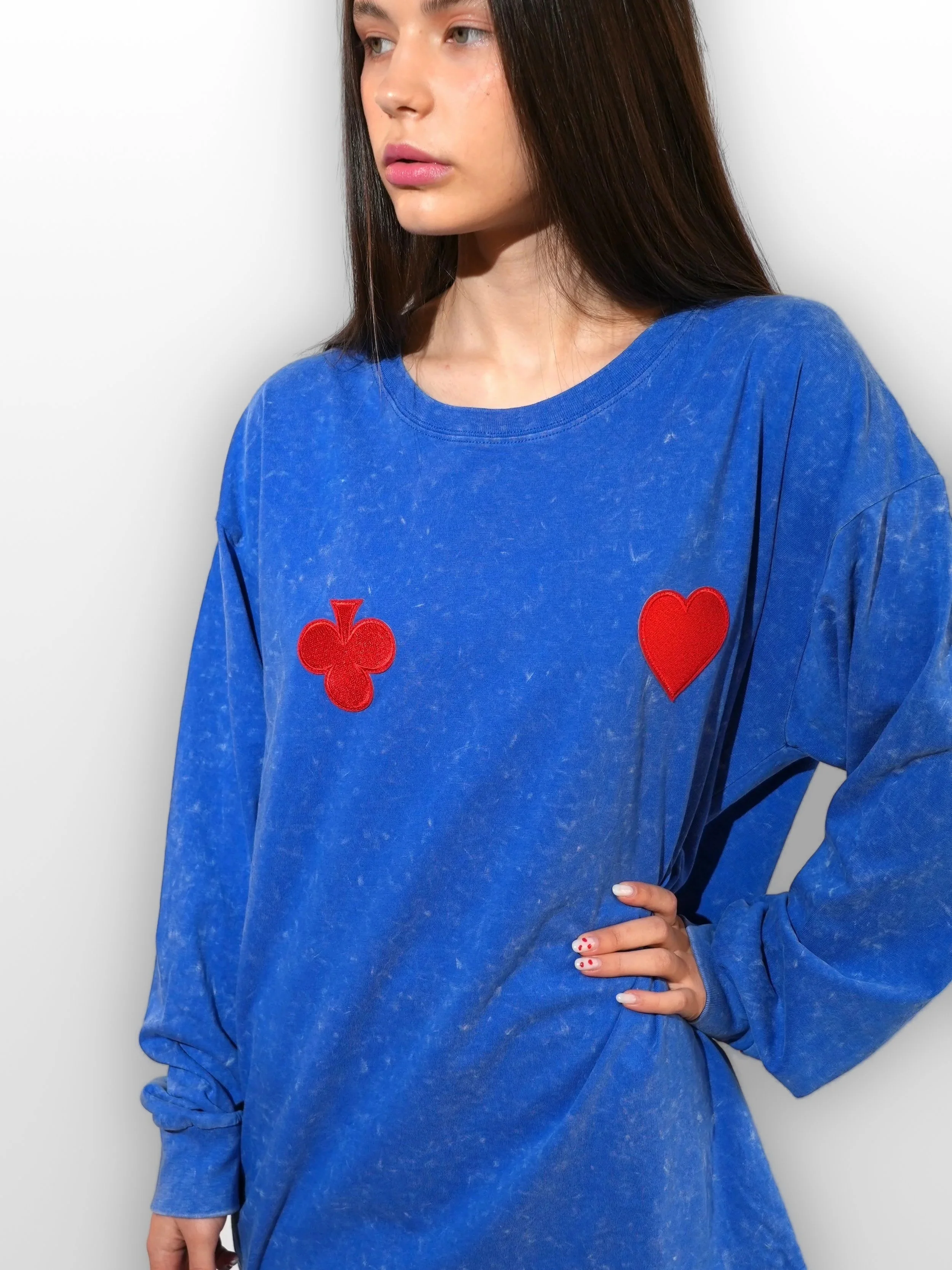 B.Brand Blue Red Cards Long Sleeve — three-quarter view: red card symbols on washed blue