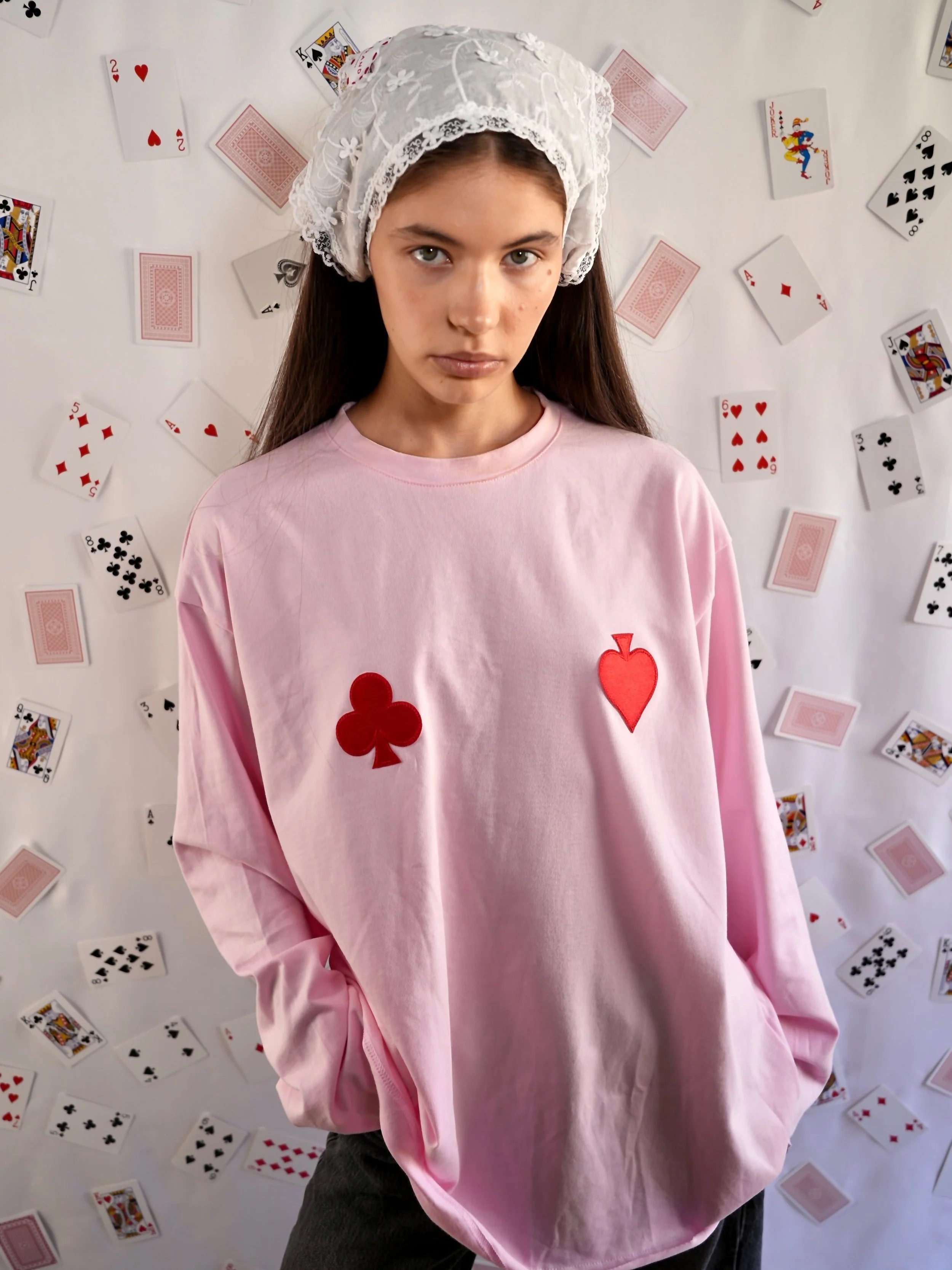 B.Brand Marshmallow Red Cards Long Sleeve — front view: soft pink oversized cotton, red card embroidery