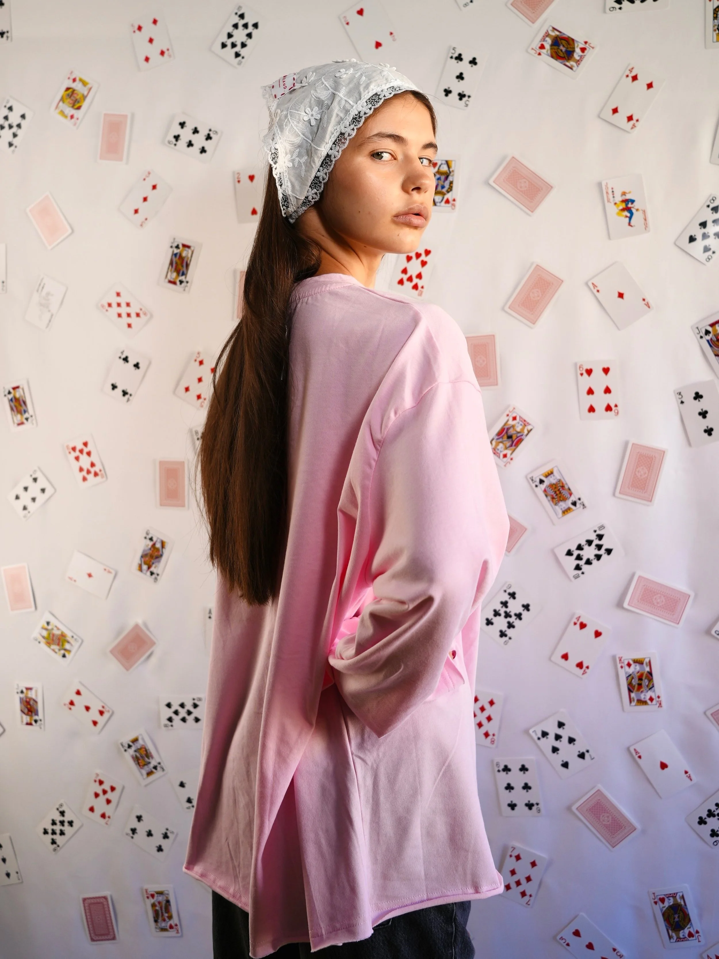 B.Brand Marshmallow Red Cards Long Sleeve — back view: relaxed pink silhouette