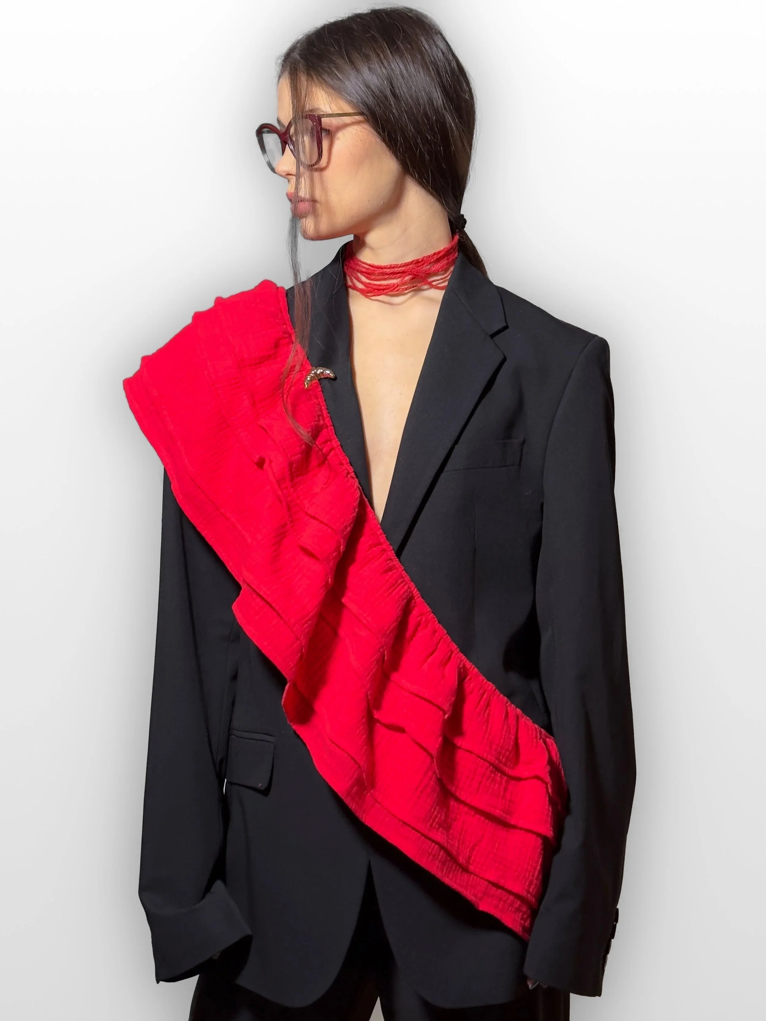 B.Brand Red Wave — front view: sculptural red ruffled wave ribbon, 100% cotton