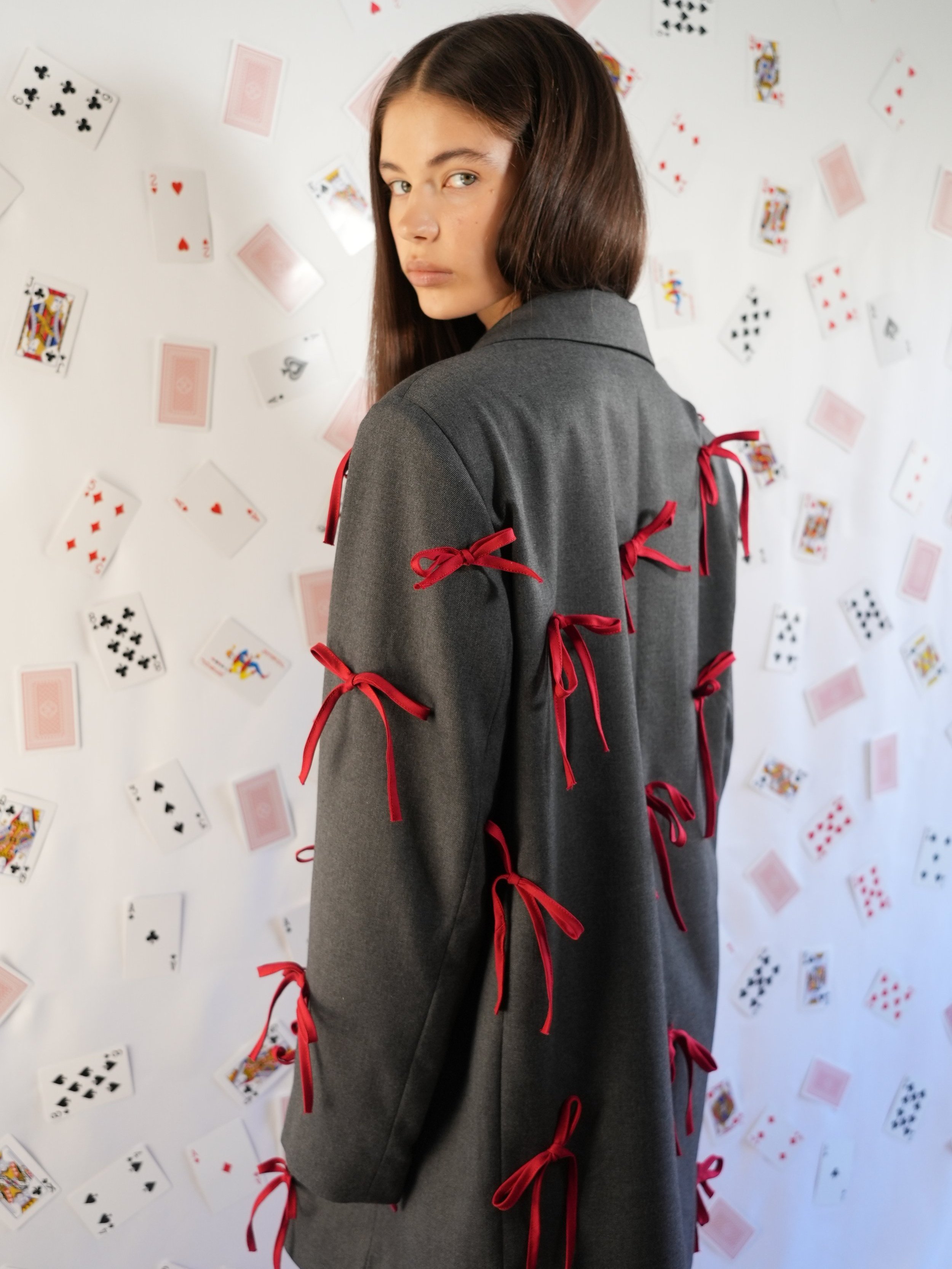 B.Brand Gray Jacket Red Bow — front view: structured gray jacket with removable red bow detail