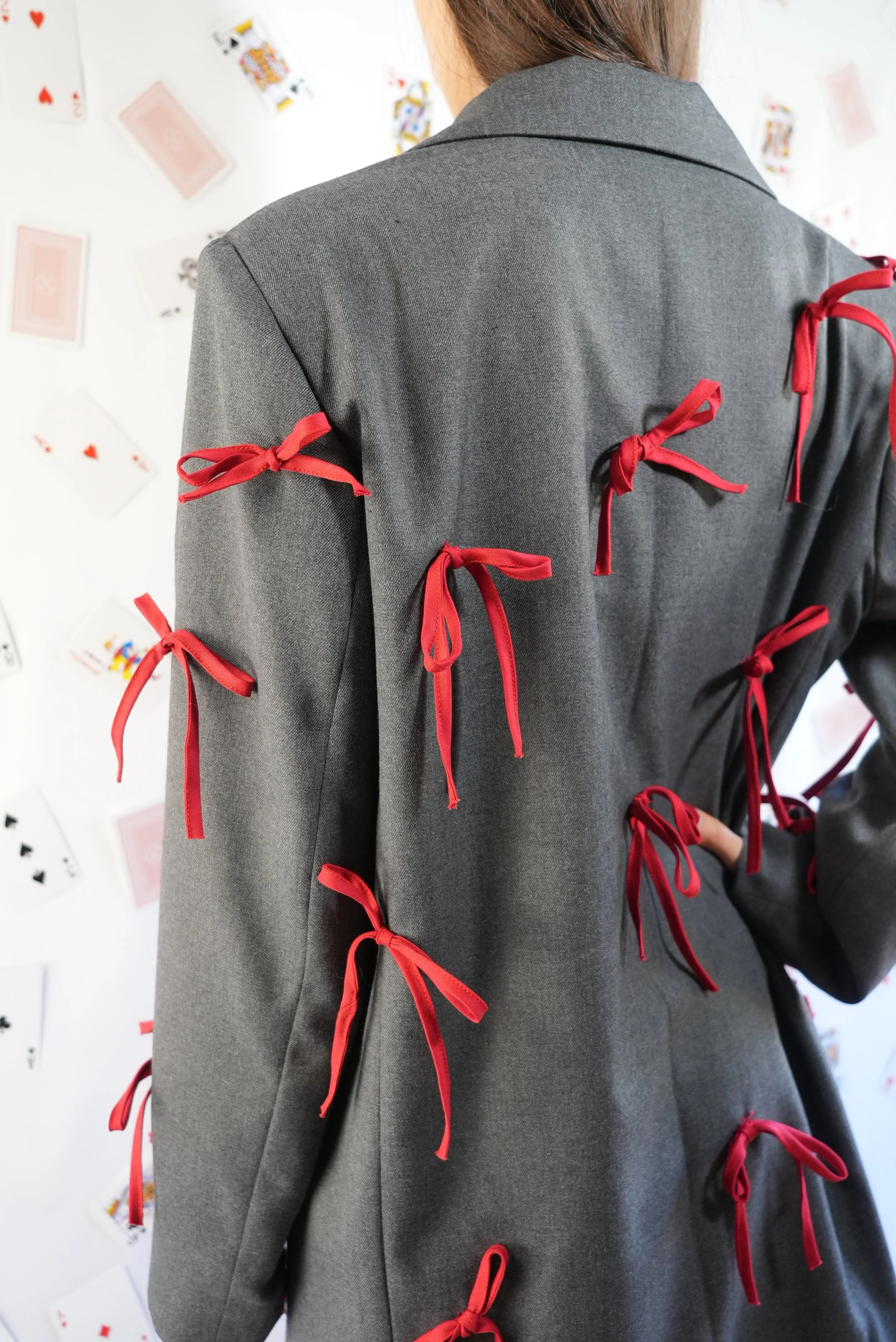 B.Brand Gray Jacket Red Bow — back view: clean gray tailored jacket silhouette