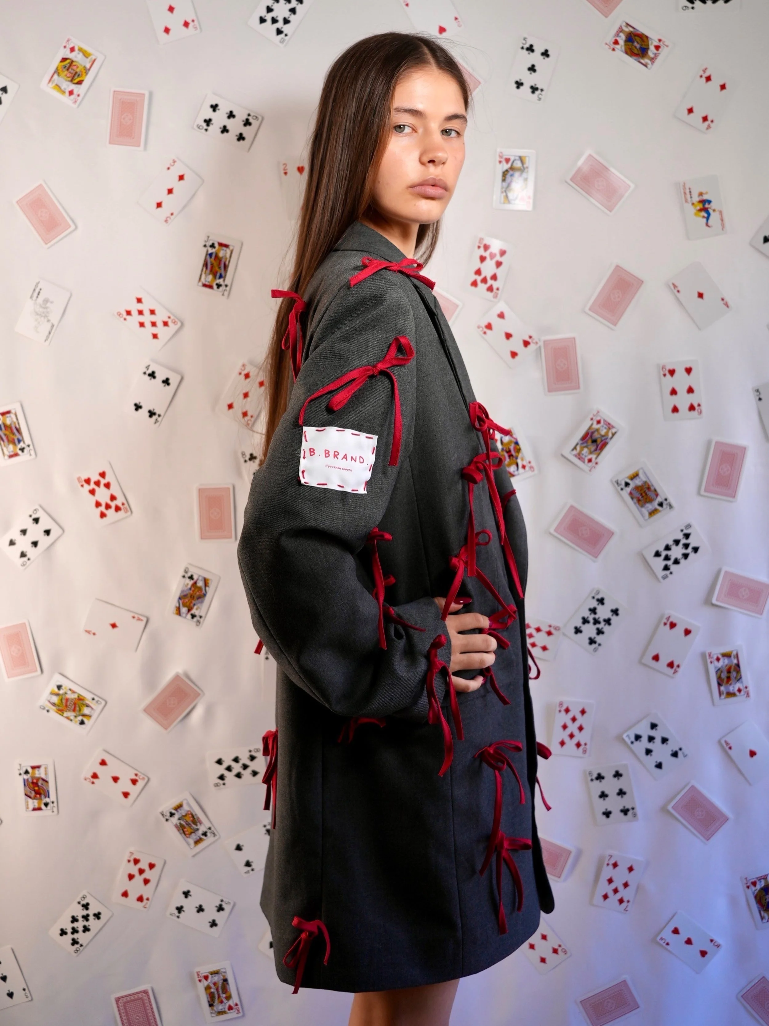 B.Brand Gray Jacket Red Bow — side view: gray jacket drape and red bow placement