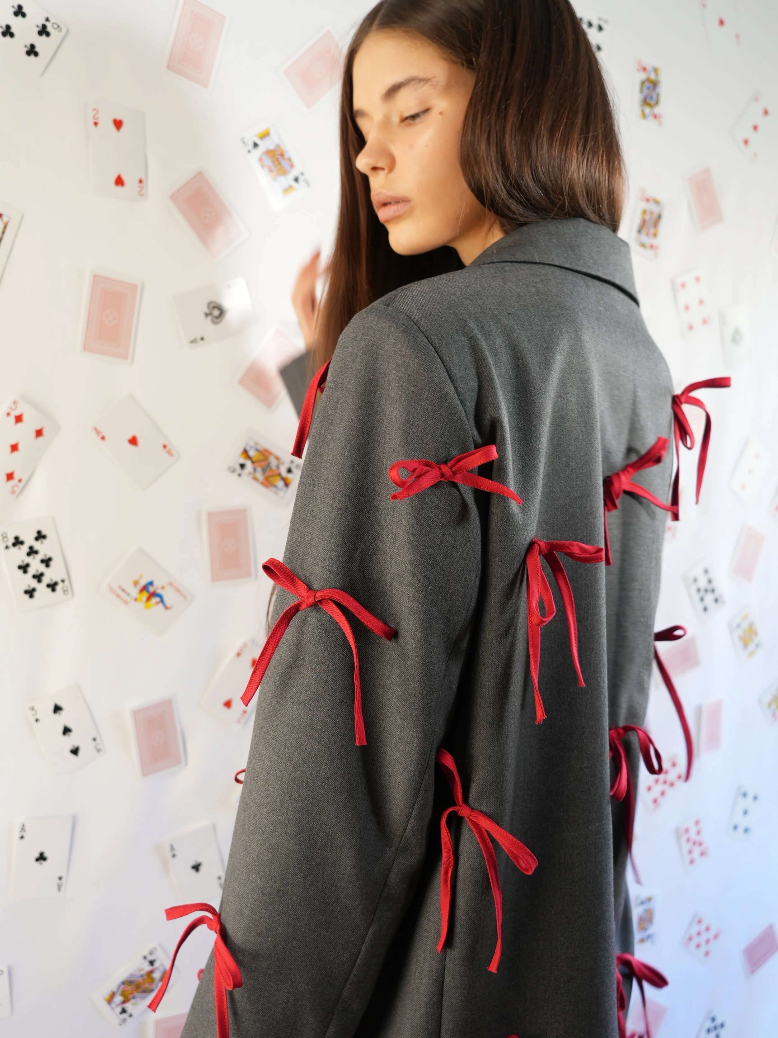 B.Brand Gray Jacket Red Bow — three-quarter view: red bow accent on gray structured jacket