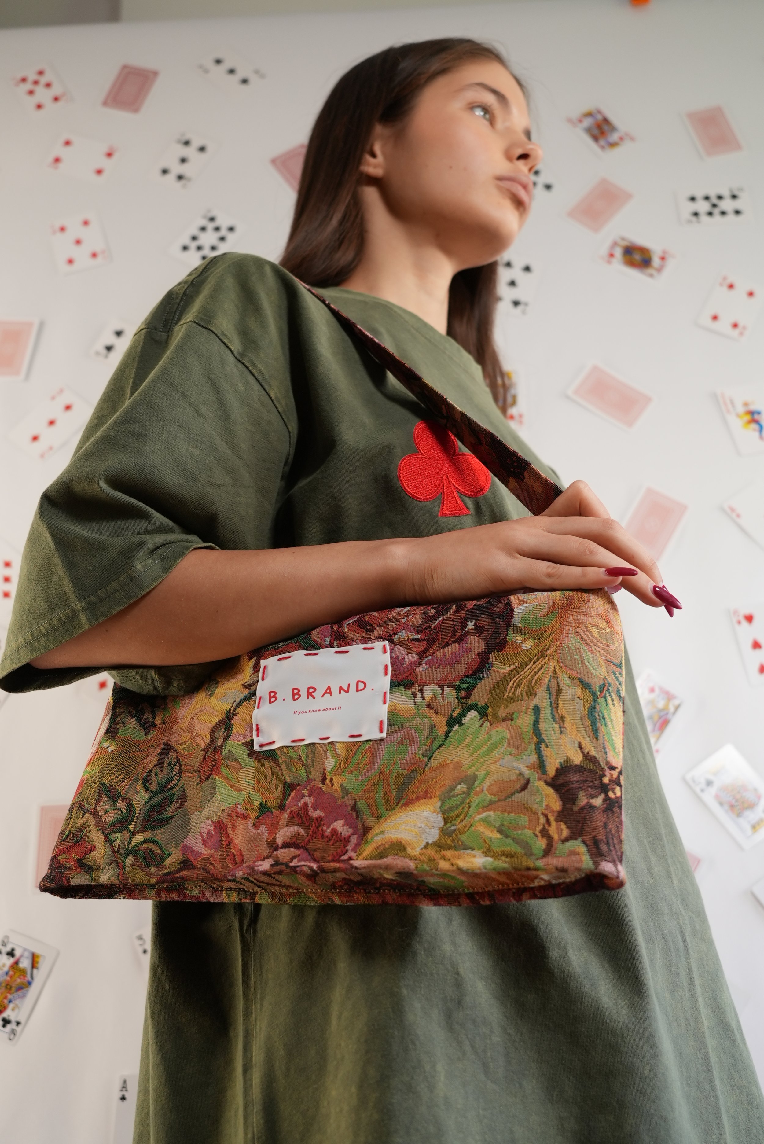 B.Brand Baguette Bag Pink Garden — front view: pink garden jacquard print, compact structured shape