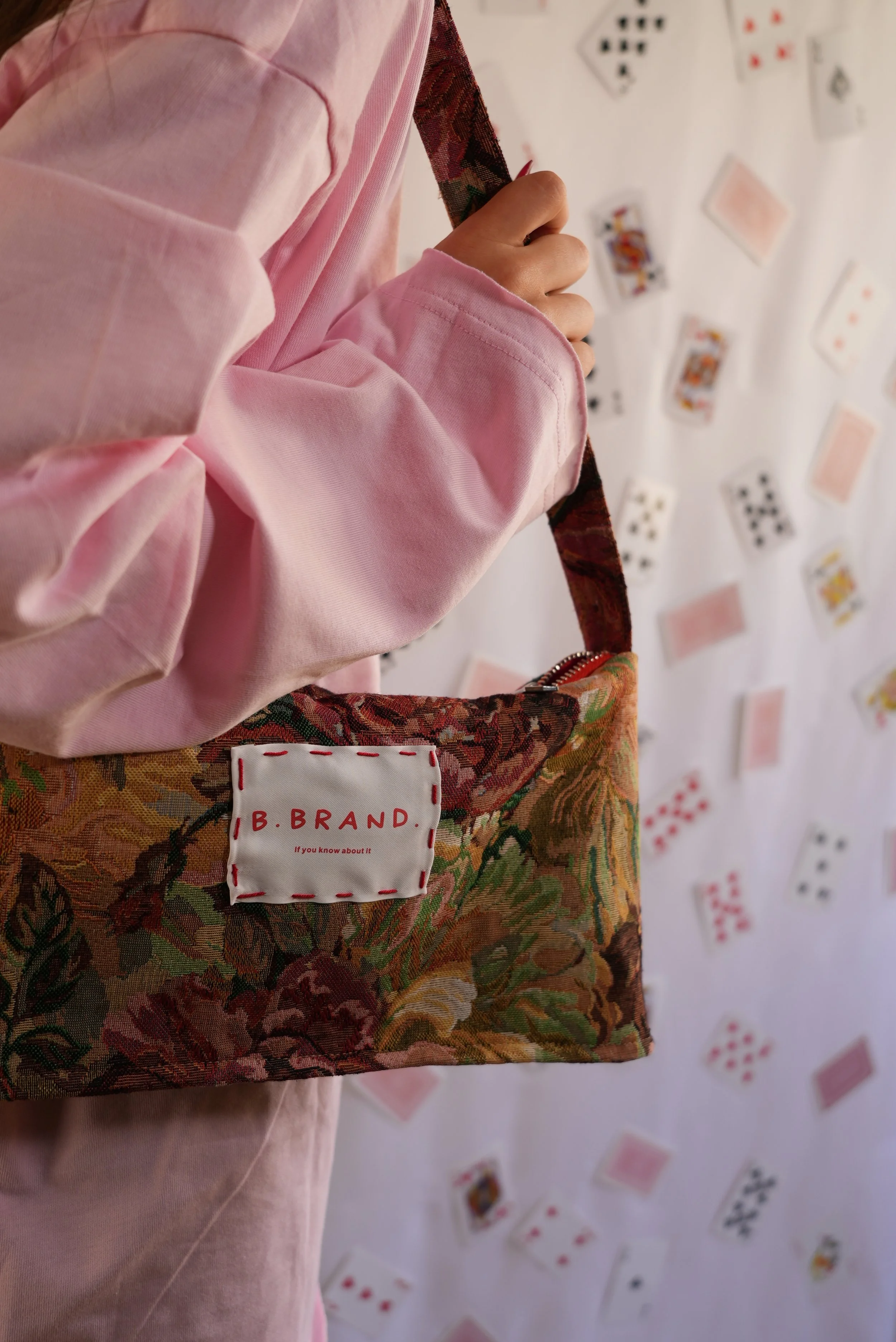 B.Brand Baguette Bag Pink Garden — side view: pink jacquard with silk lining detail