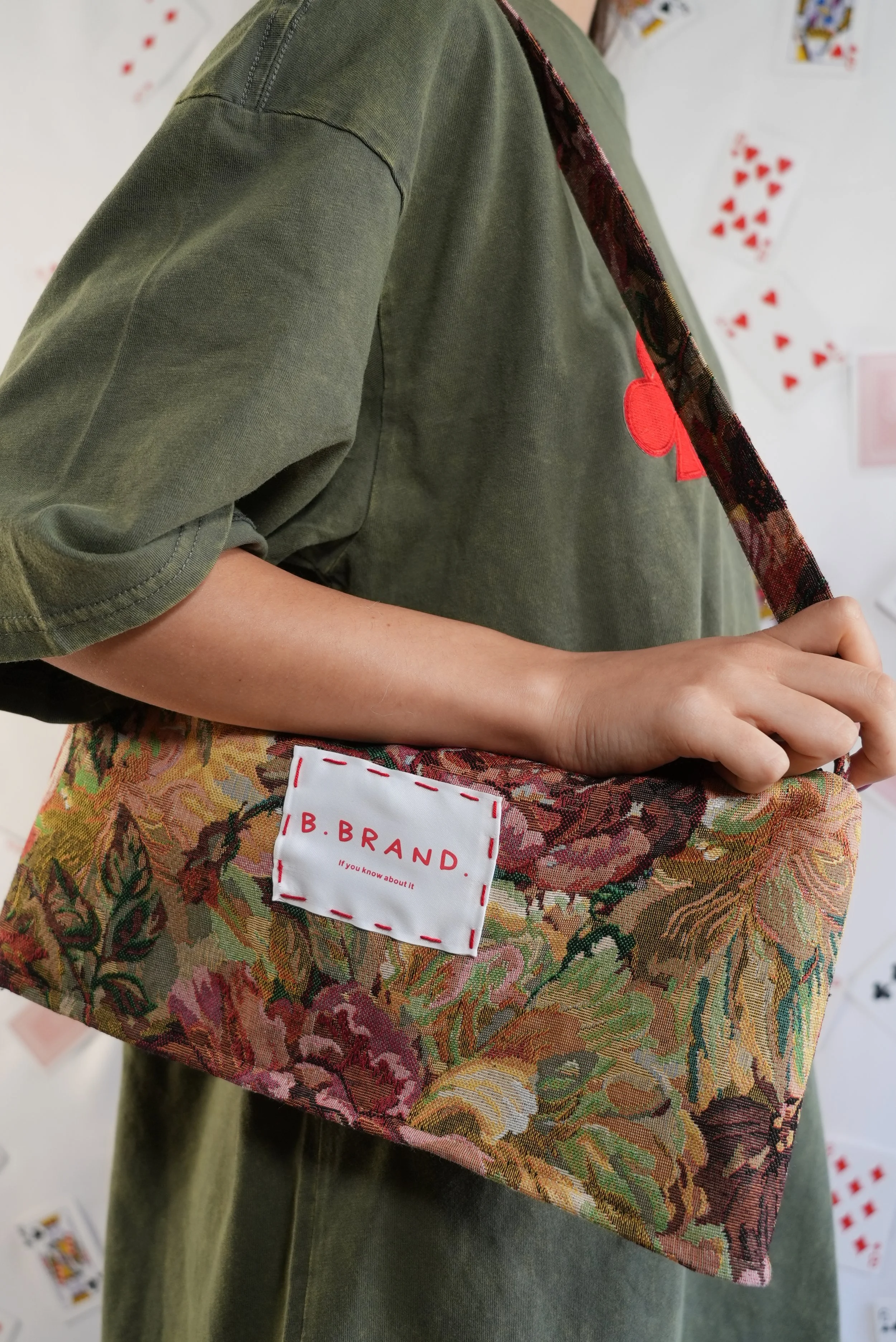 B.Brand Baguette Bag Pink Garden — detail view: garden floral jacquard print close-up