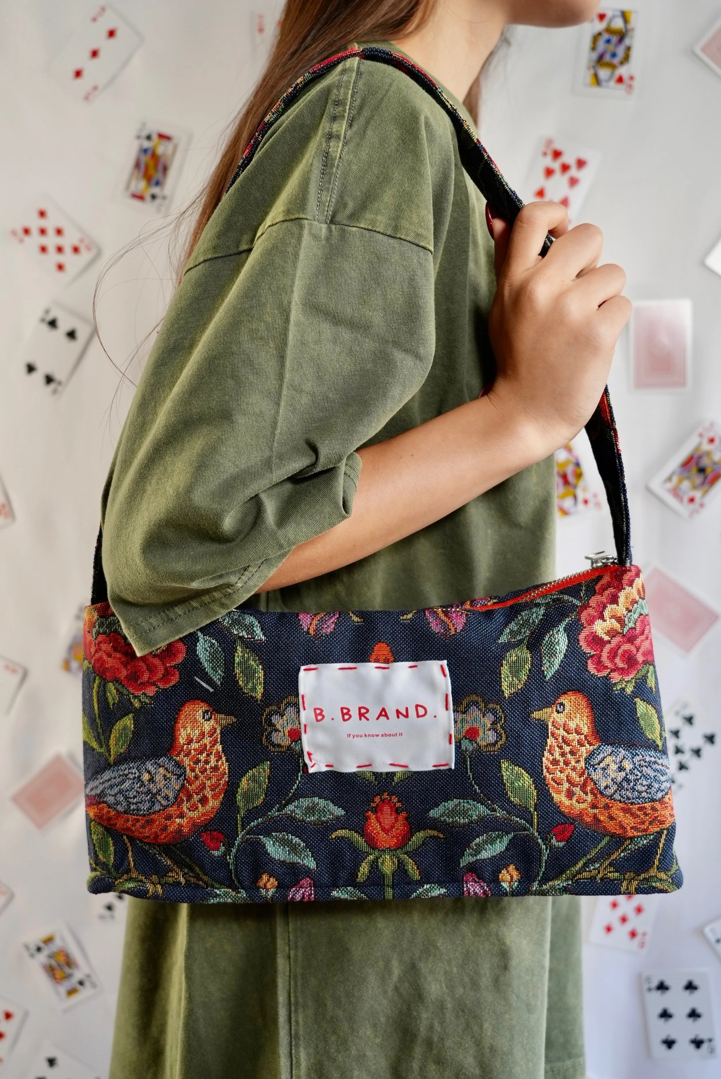 B.Brand Baguette Bag Navy Garden — front view: navy garden jacquard print, structured baguette silhouette