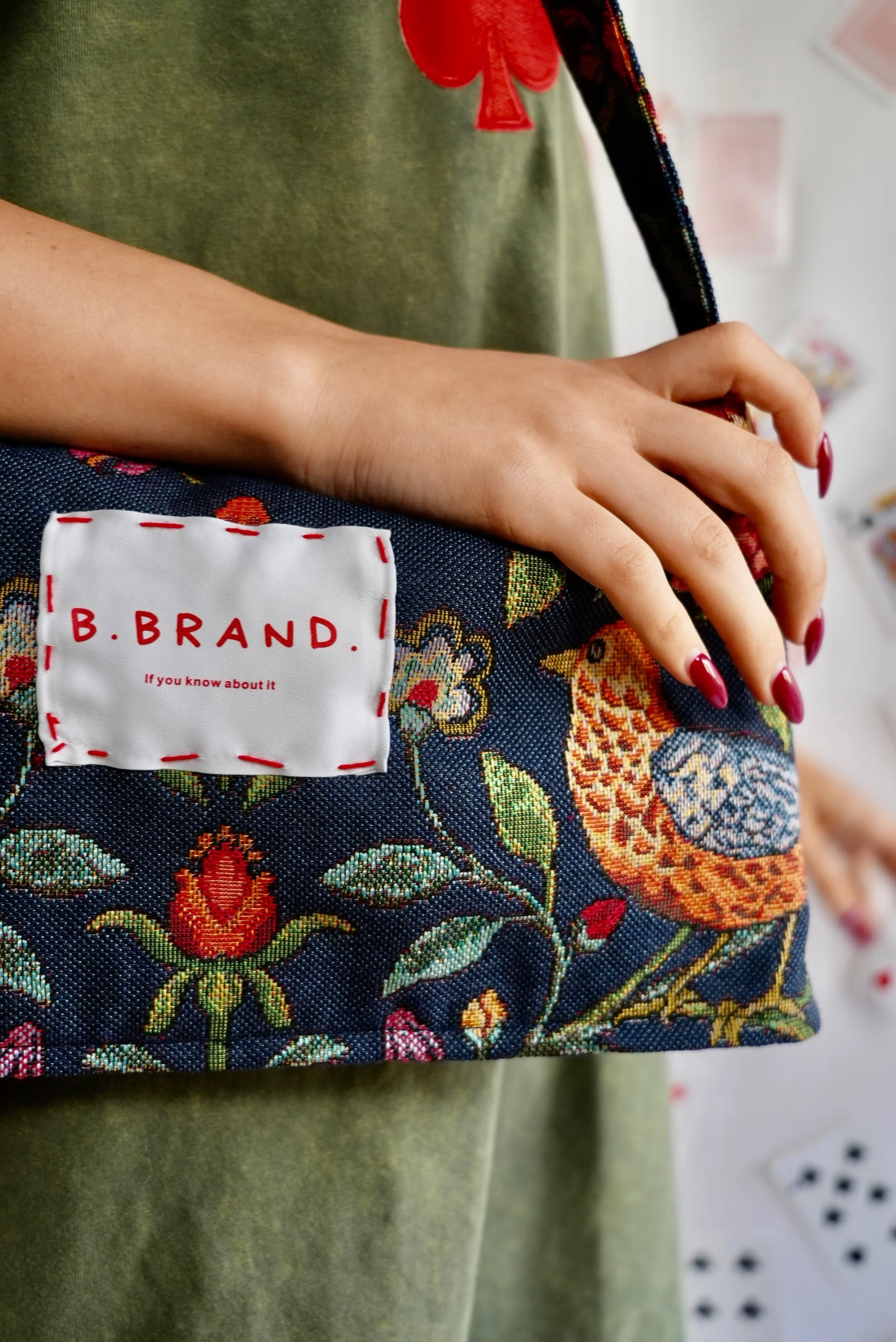 B.Brand Baguette Bag Navy Garden — side view: navy jacquard and silk lining, compact shape