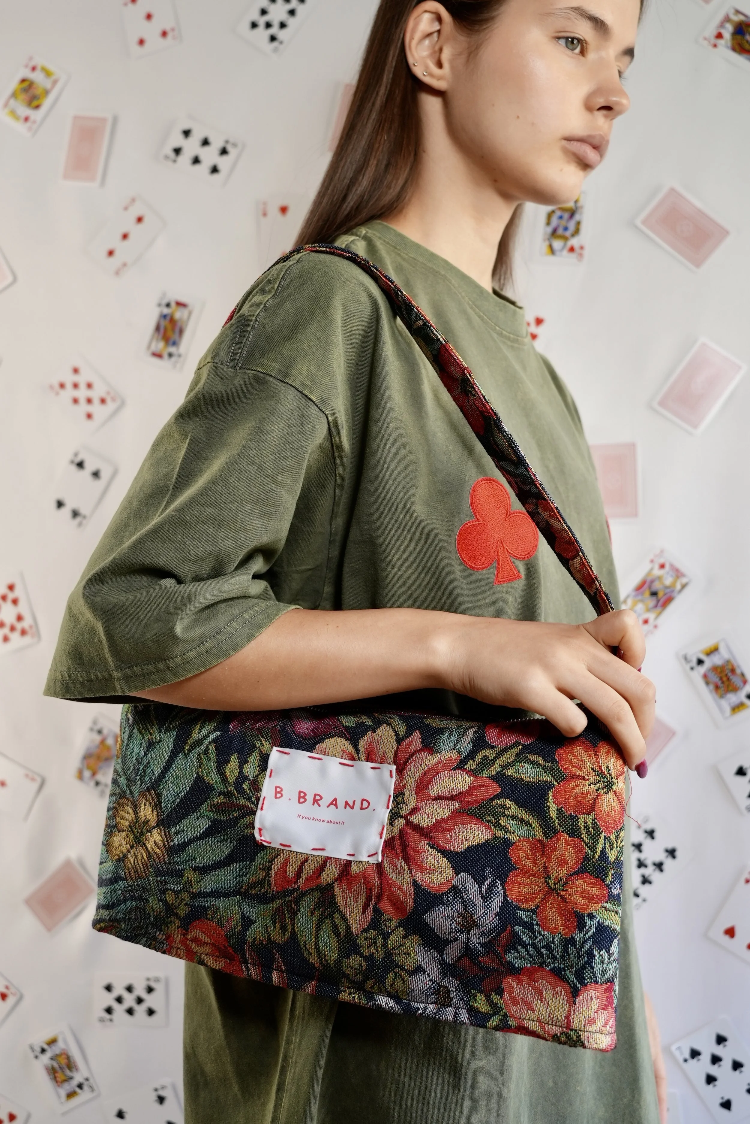 B.Brand Baguette Bag Gothic Flowers — front view: gothic floral jacquard print, structured baguette shape