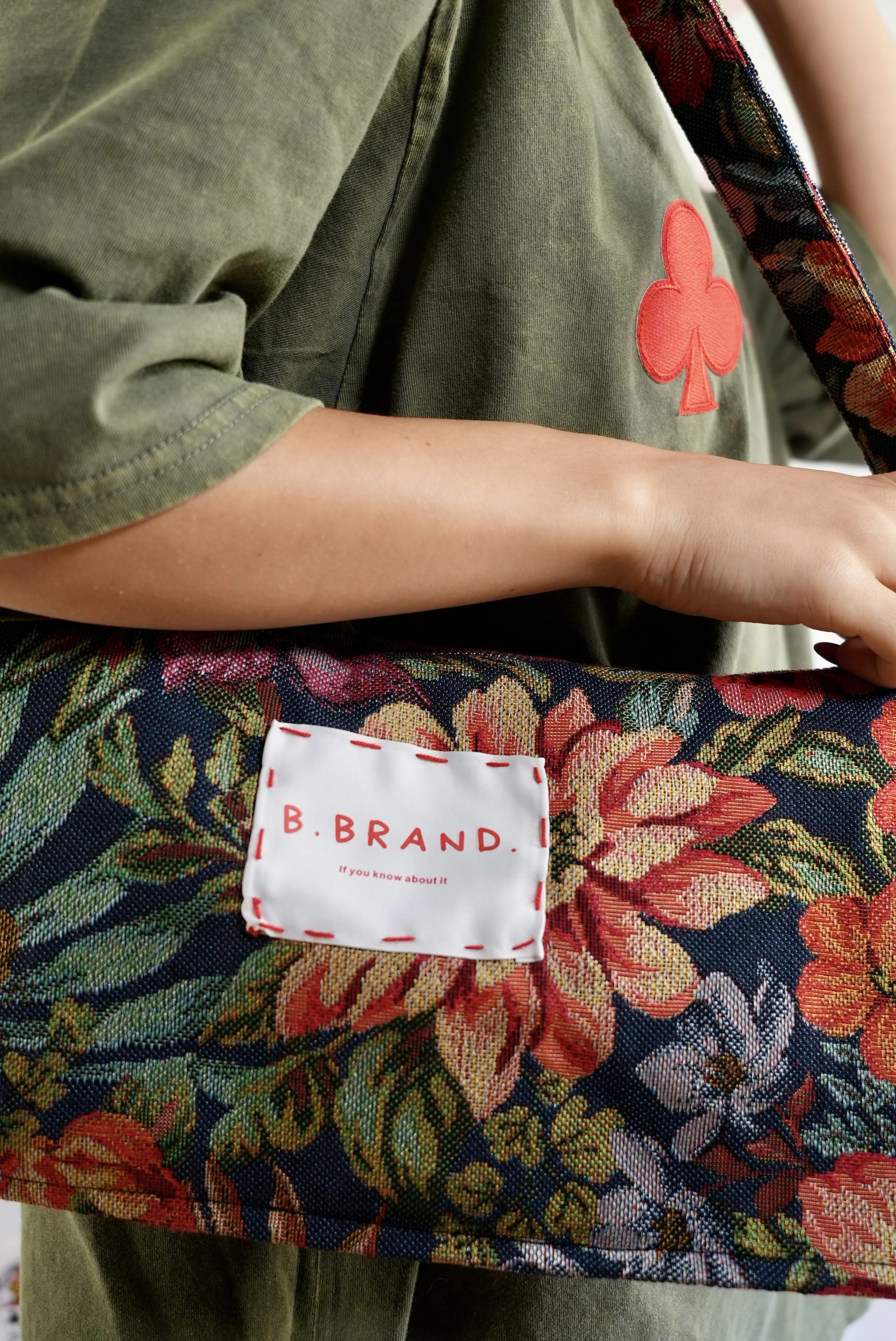 B.Brand Baguette Bag Gothic Flowers — detail view: gothic floral jacquard pattern close-up