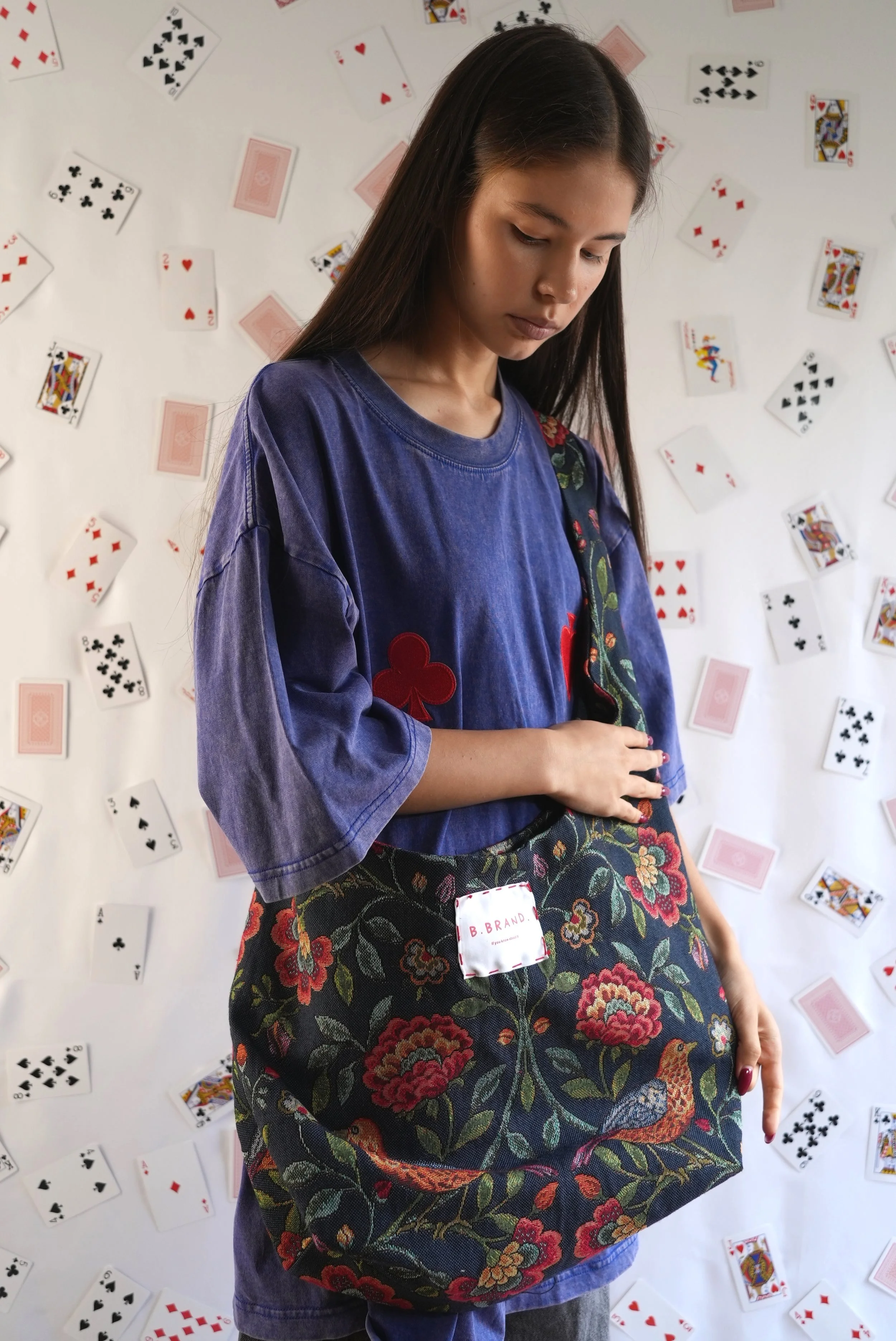 B.Brand Tote Bag Dark Blue Garden — side view: structured shape, dark blue floral jacquard