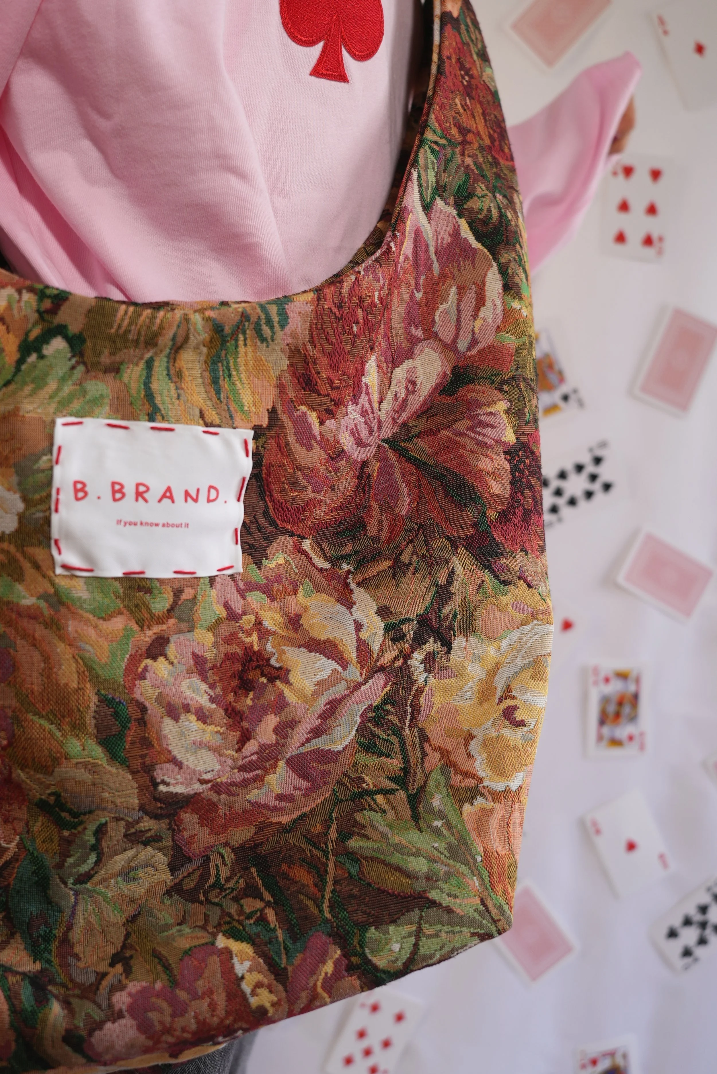 B.Brand Tote Bag Pink Garden — front view: pink garden floral jacquard with long strap