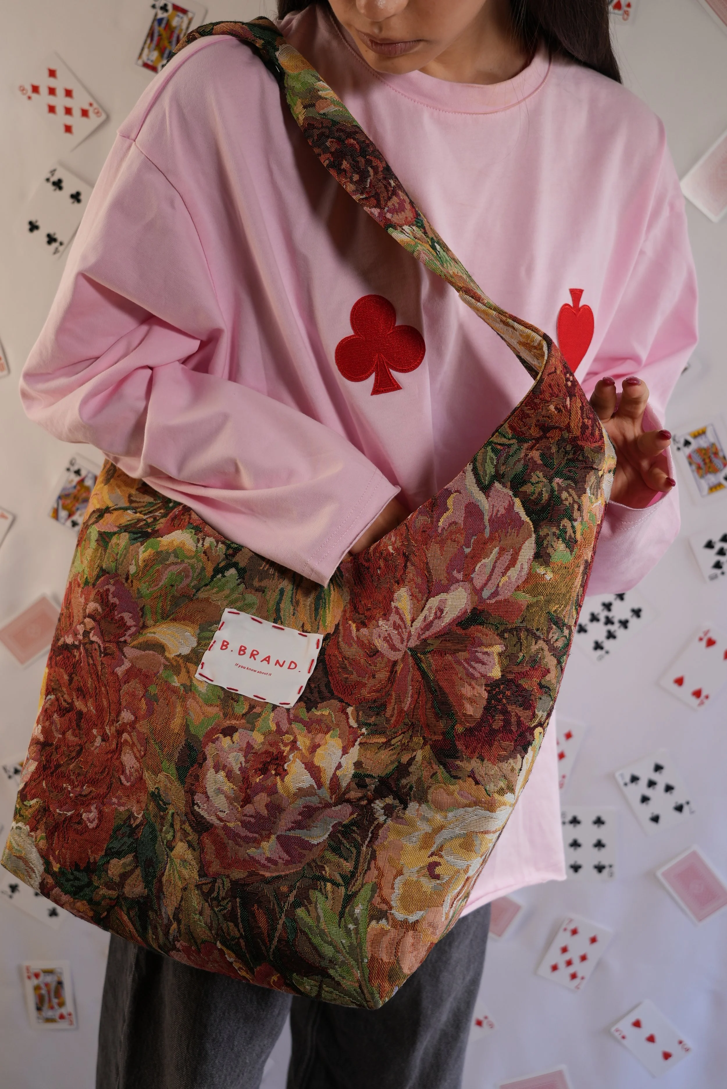 B.Brand Tote Bag Pink Garden — back view: clean structured back, pink jacquard