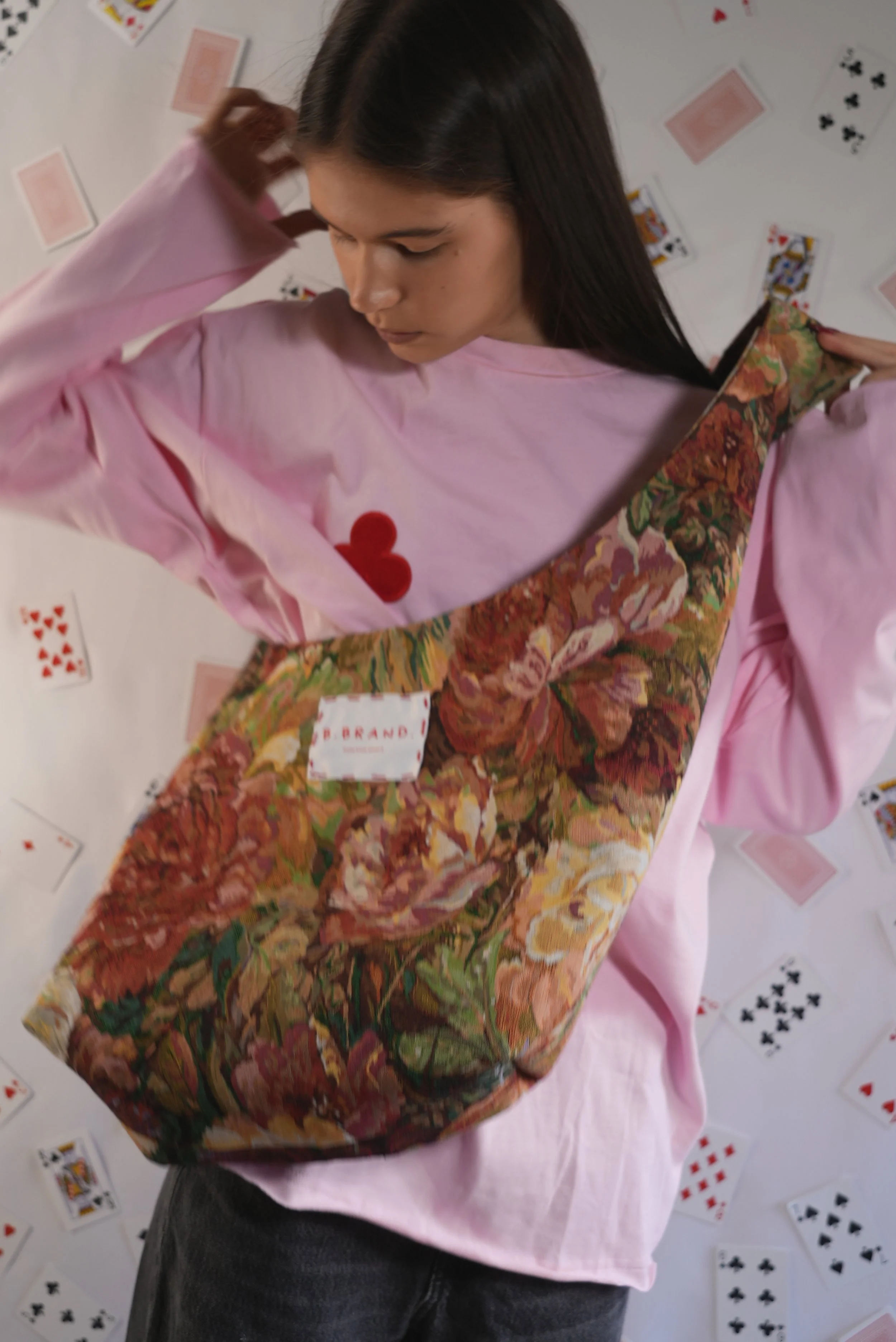 B.Brand Tote Bag Pink Garden — side view: pink floral jacquard, silk lining interior