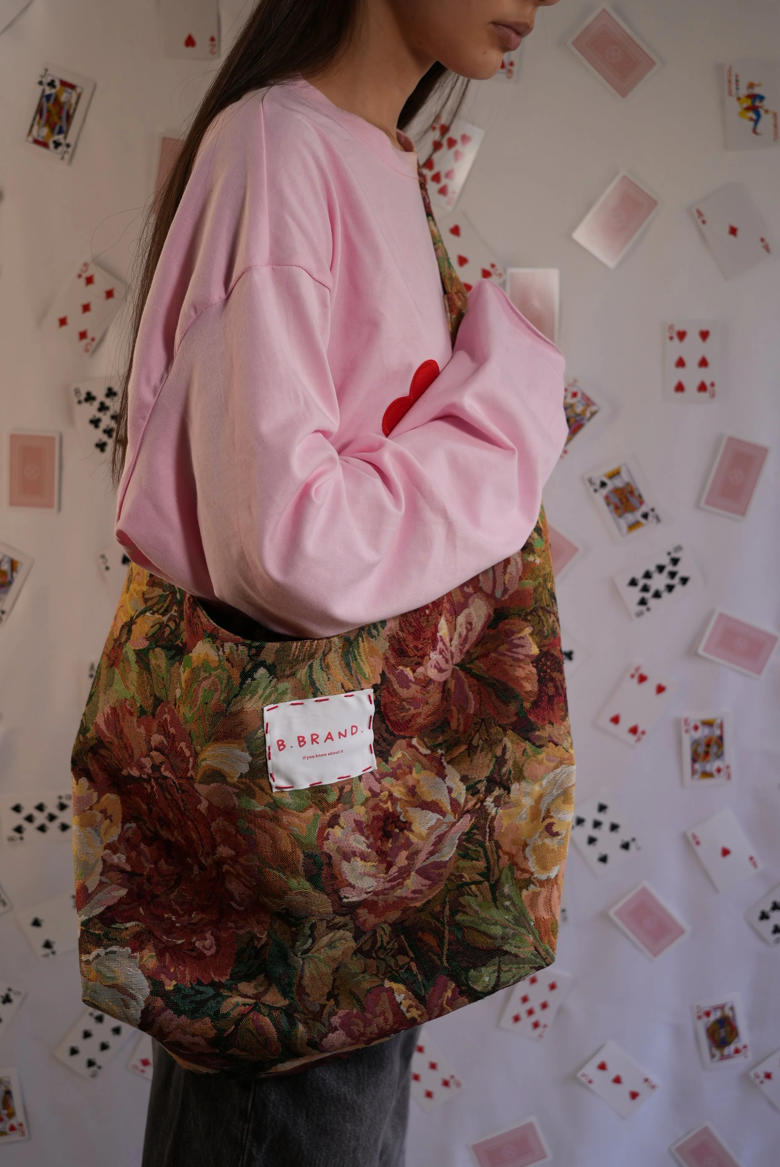 B.Brand Tote Bag Pink Garden — three-quarter view: pink garden jacquard and structured silhouette