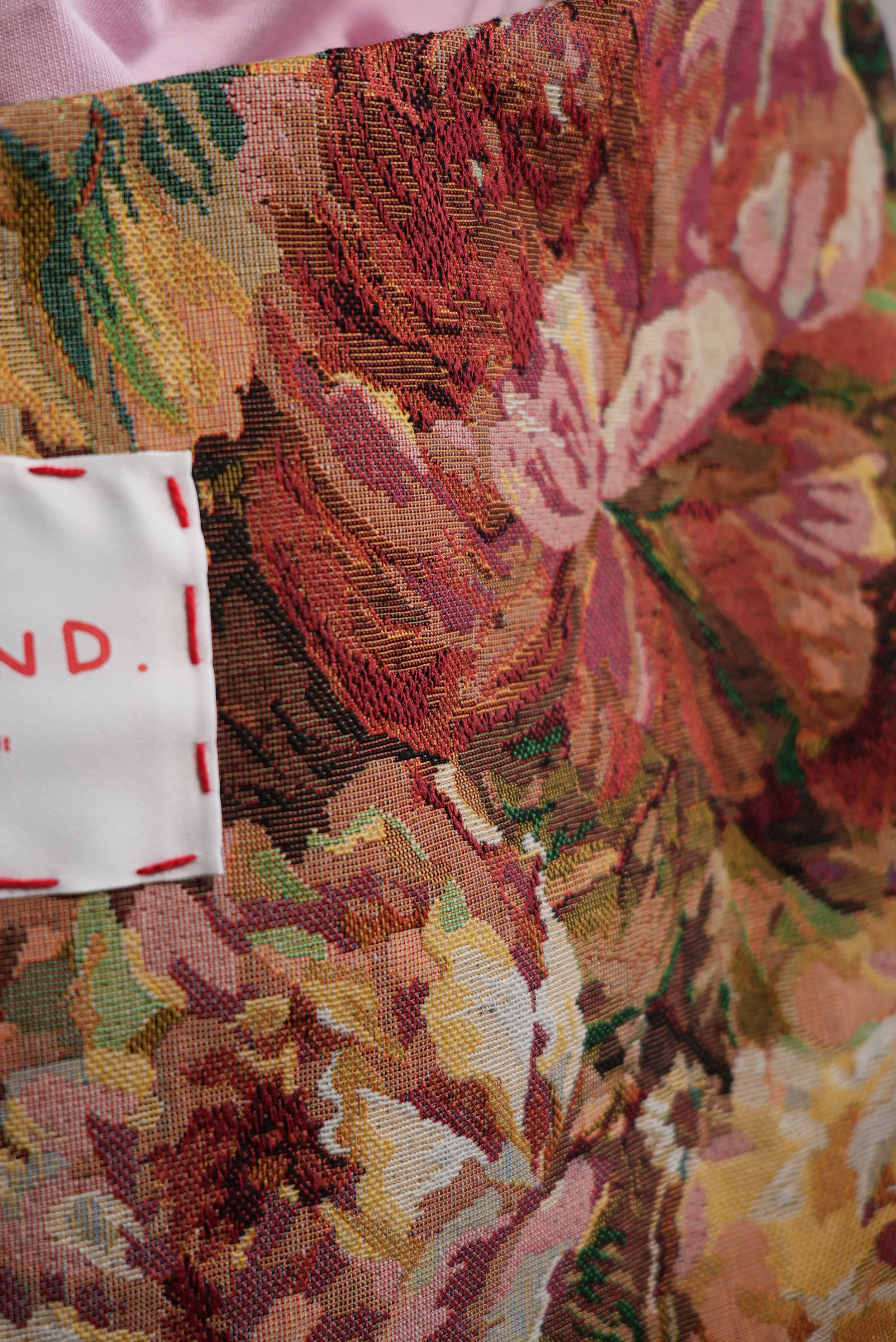 B.Brand Tote Bag Pink Garden — detail view: garden floral jacquard print close-up