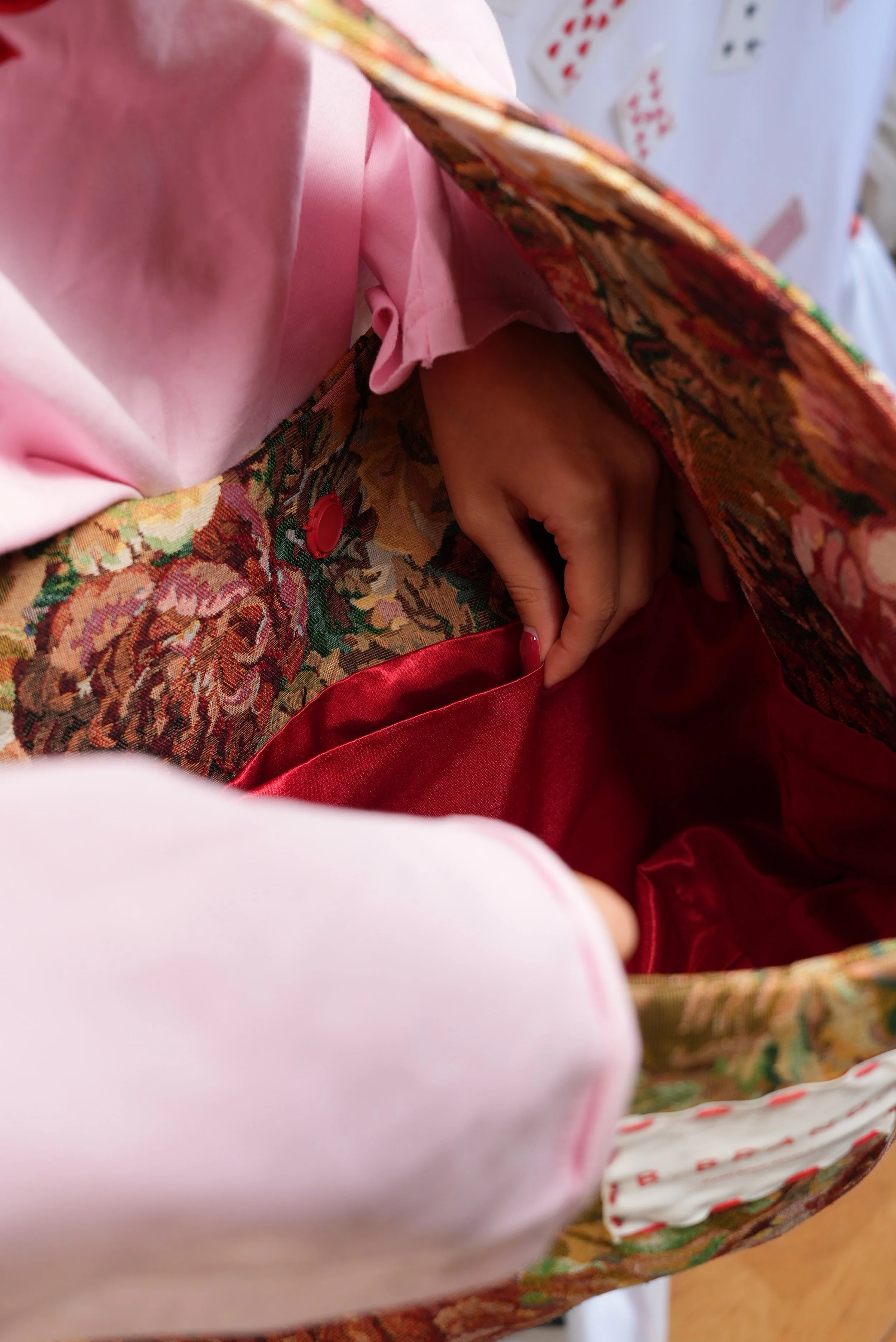 B.Brand Tote Bag Pink Garden — strap view: long adjustable strap detail, pink jacquard tote