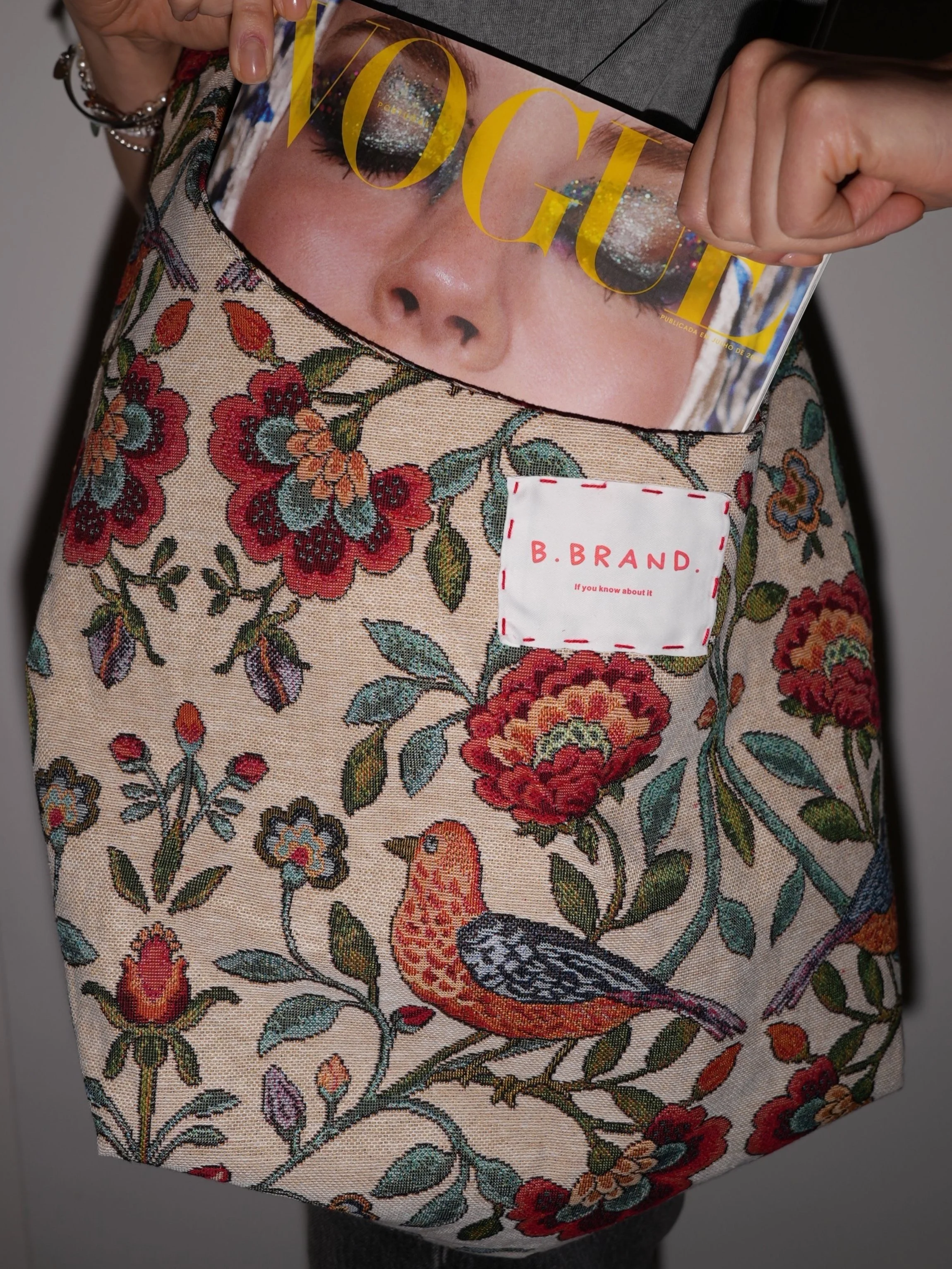 B.Brand Tote Bag Nude Garden — front view: nude garden floral jacquard with long strap