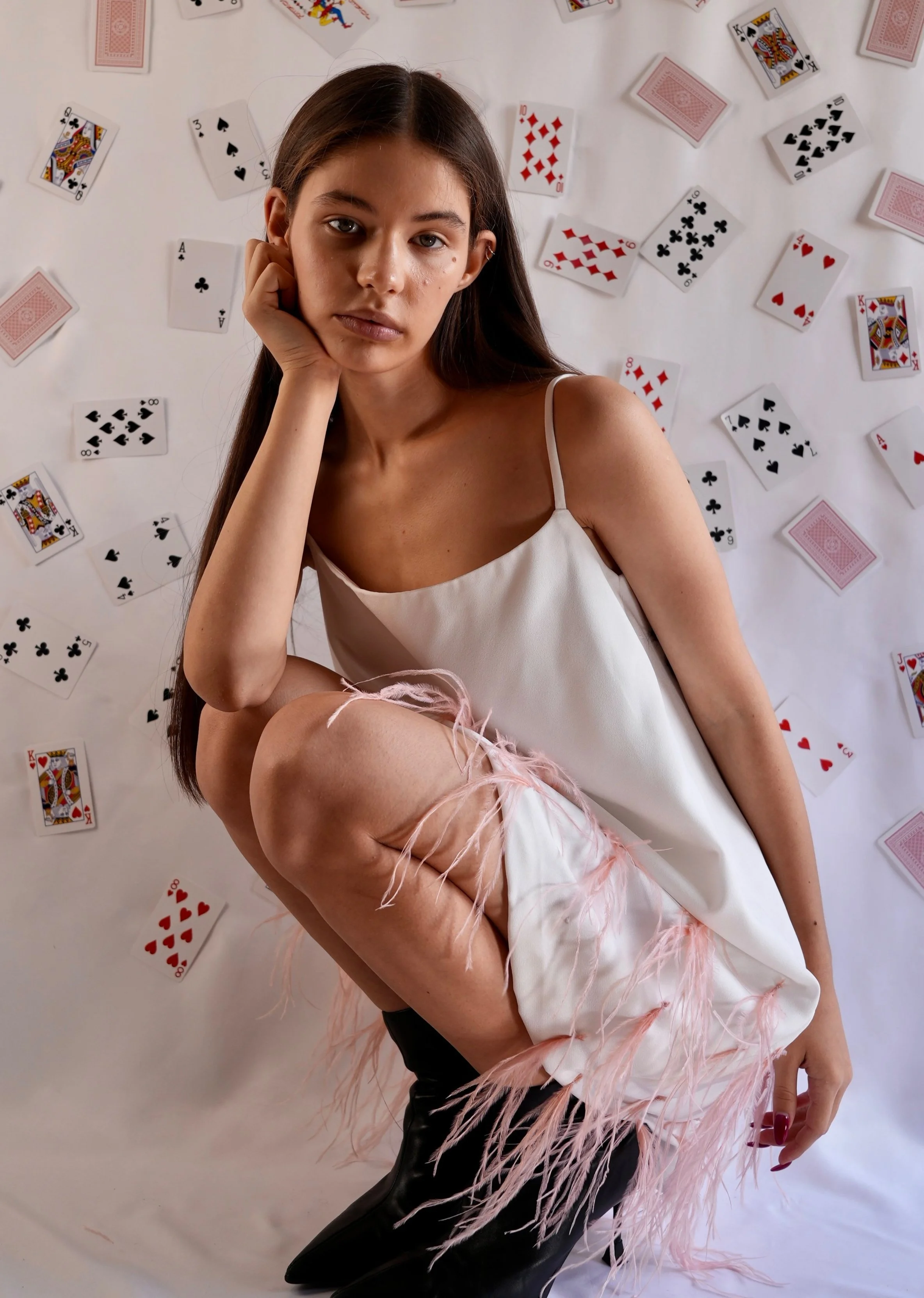 B.Brand White Dress Pink Flamingo — back view: white dress drape, flamingo print silhouette