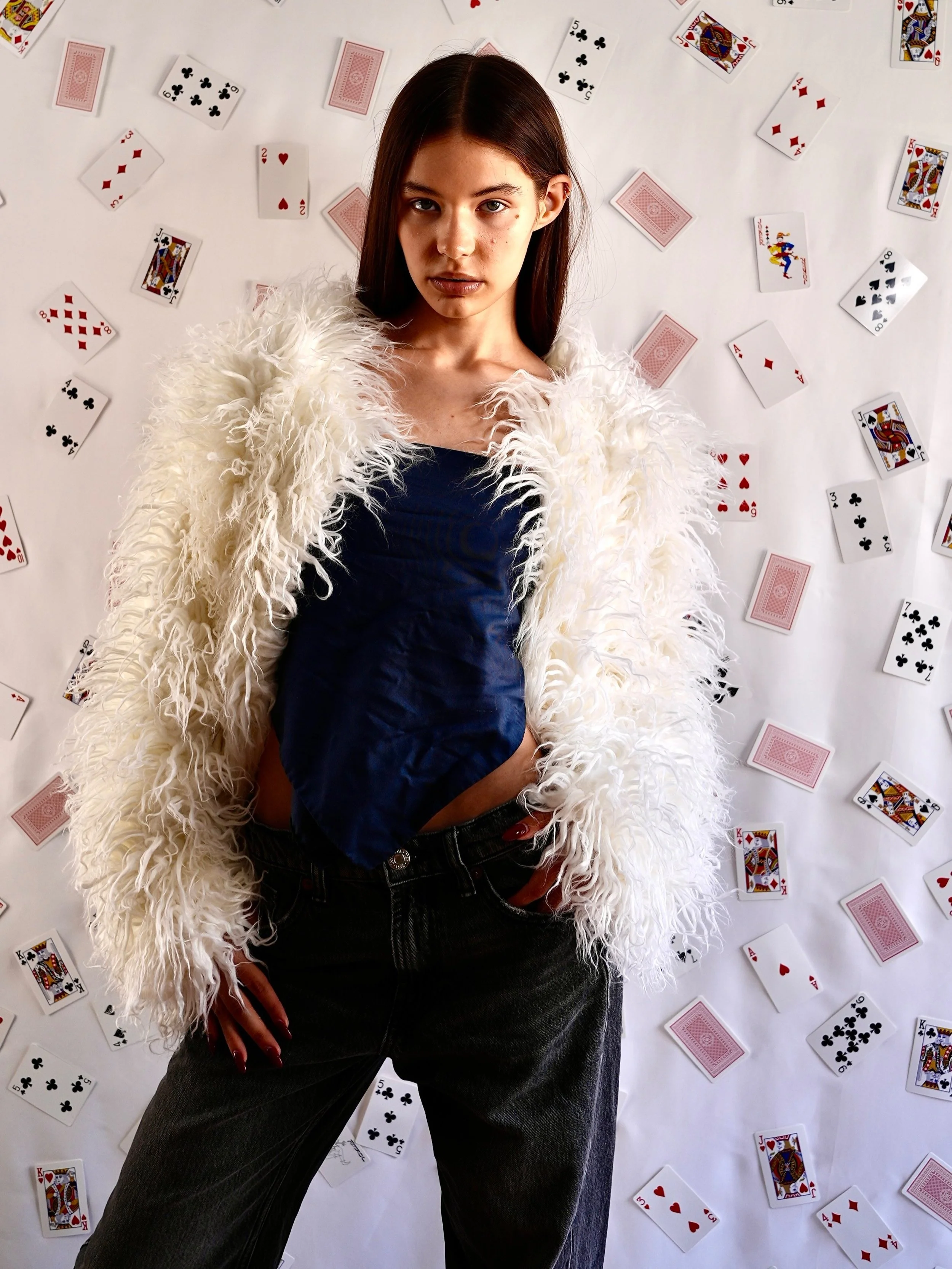 B.Brand Fur Coat White Eco Sheep — back view: white eco-fur coat, clean structured silhouette