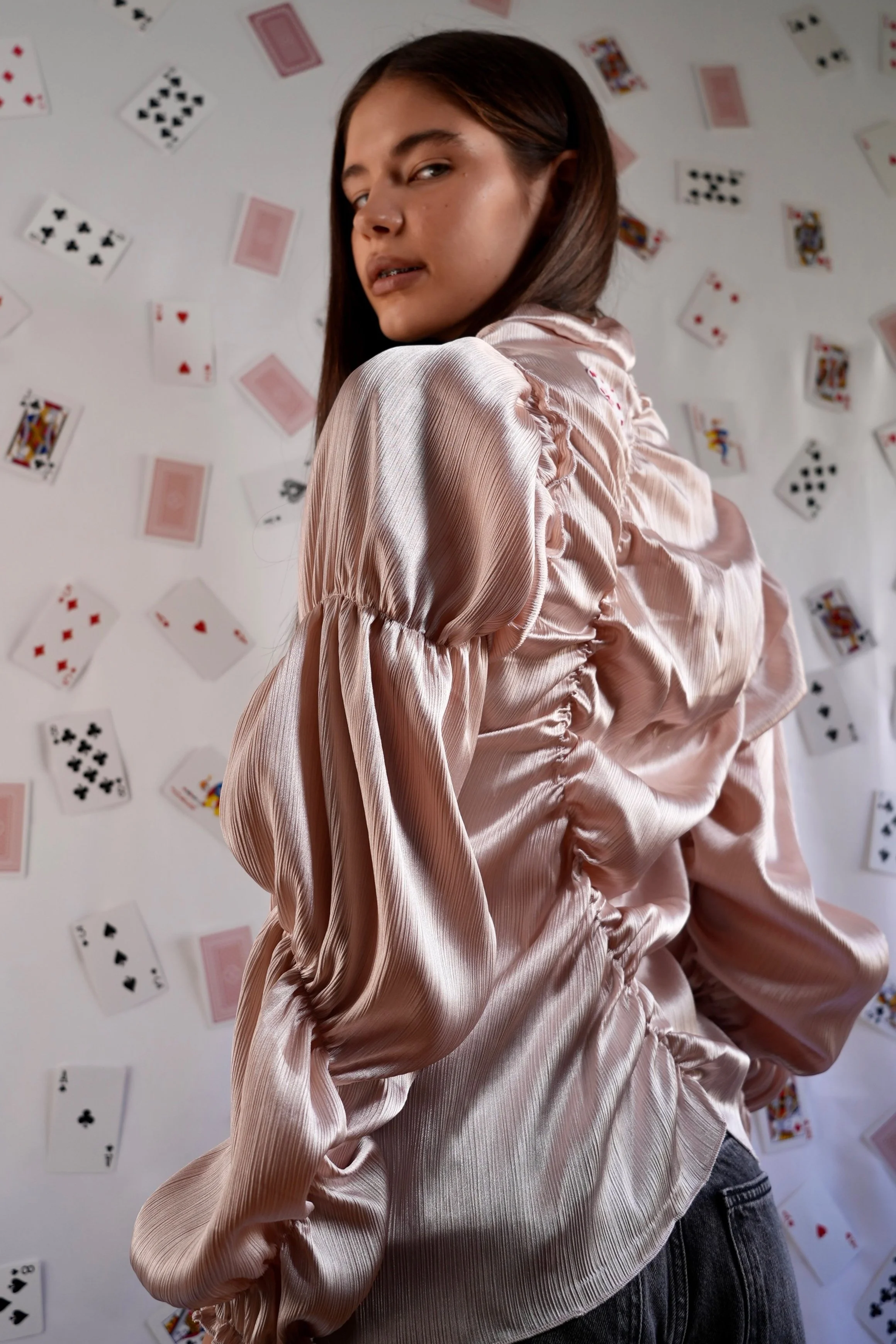 B.Brand Long Sleeve Pinkish Pearl — front view: wavy pinkish pearl satin long sleeve
