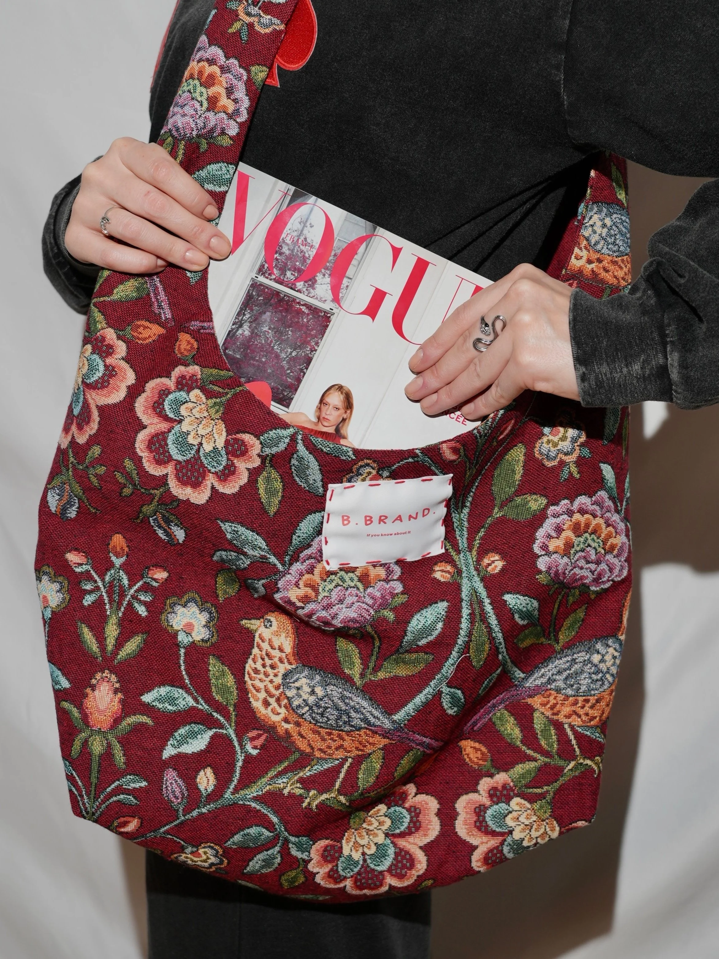 B.Brand Tote Bag Red Garden — front view: red garden jacquard print tote with silk lining