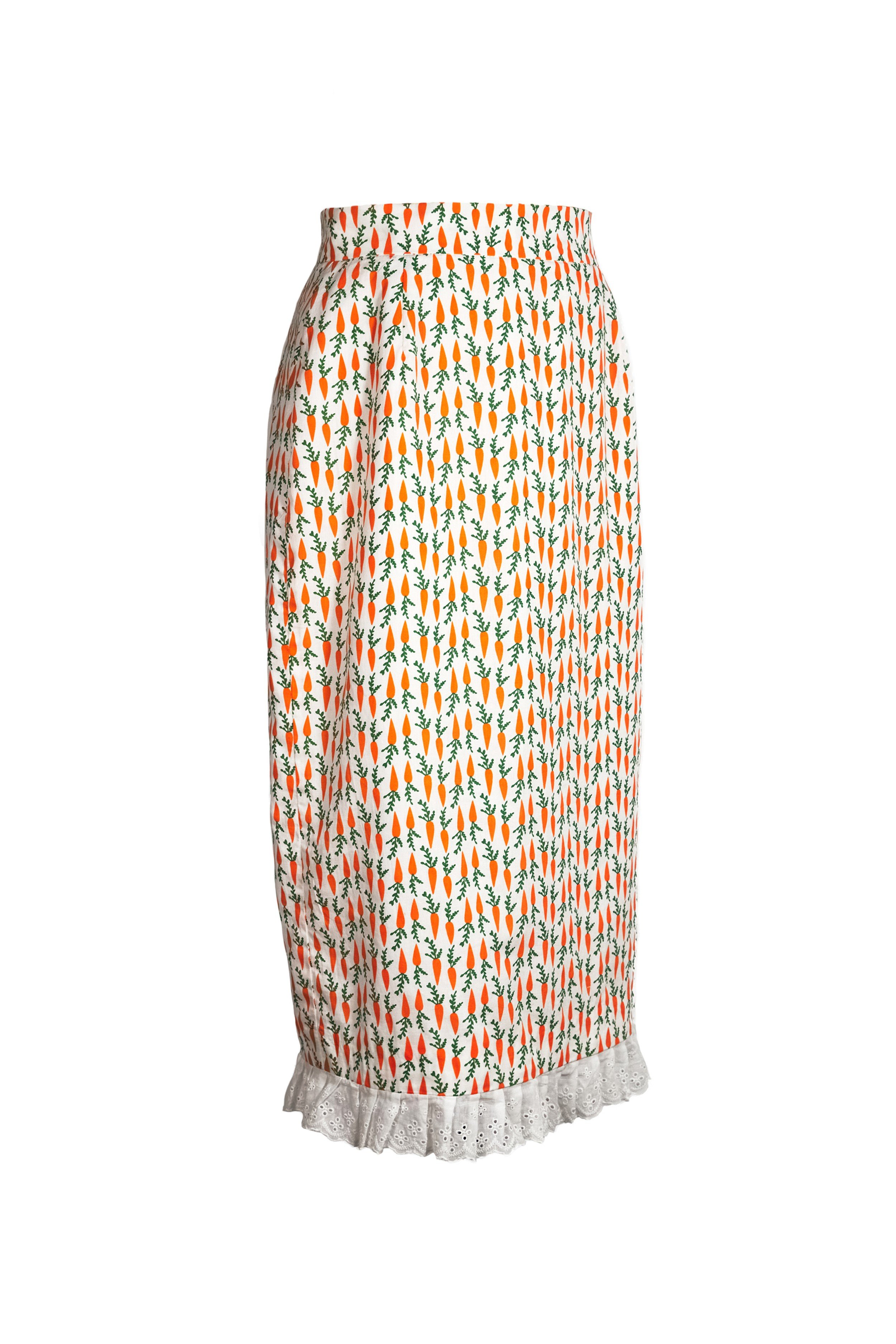Cream carrot print midi skirt back angle view with white eyelet lace hem — Carrot Cake by B.Brand