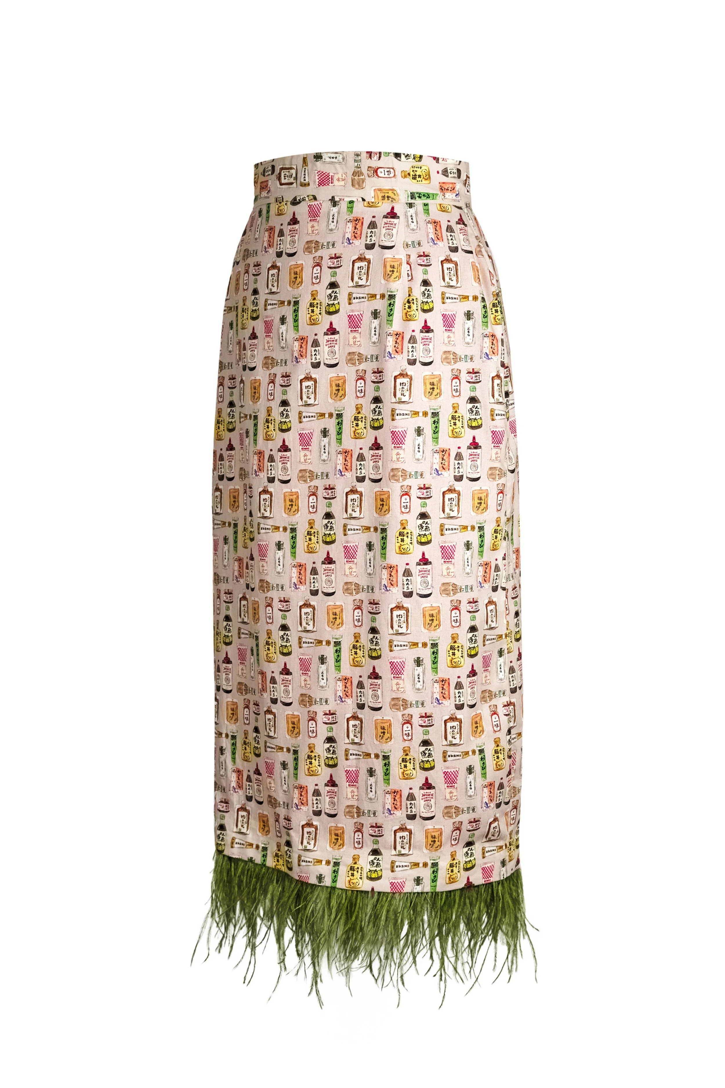 Cream Japanese condiment print midi skirt back view with wasabi-green feather hem — Wasabi Lover by B.Brand