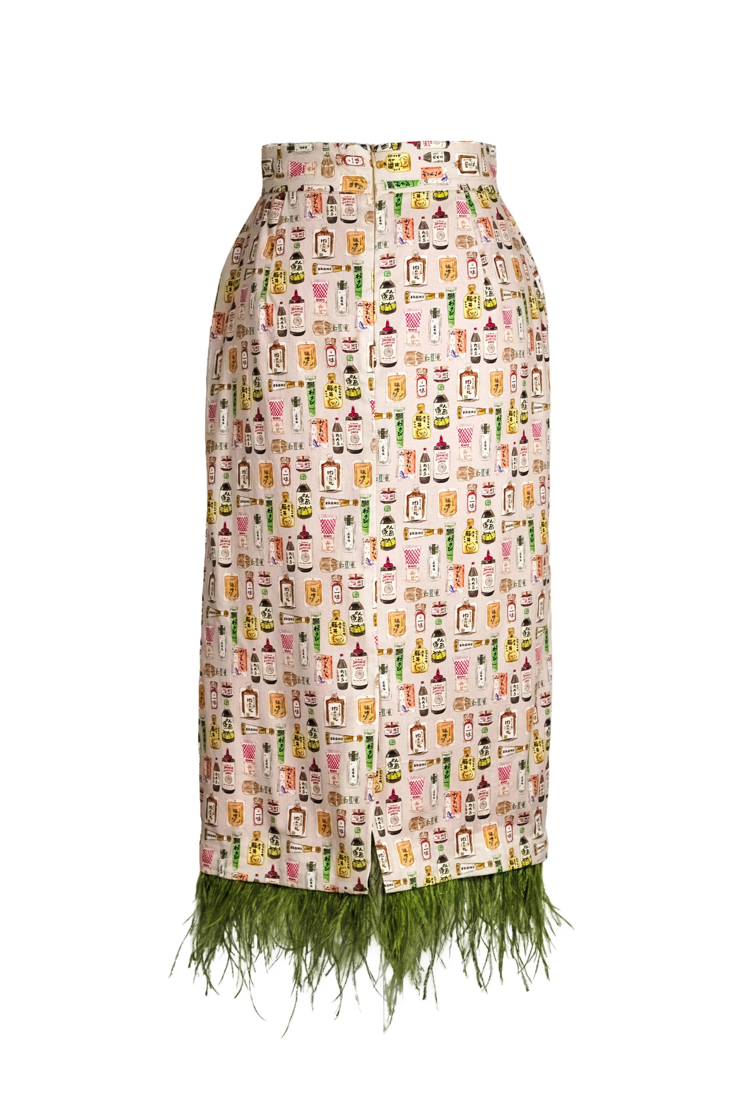 Cream condiment print midi skirt side view showing silhouette and green feather trim — Wasabi Lover by B.Brand