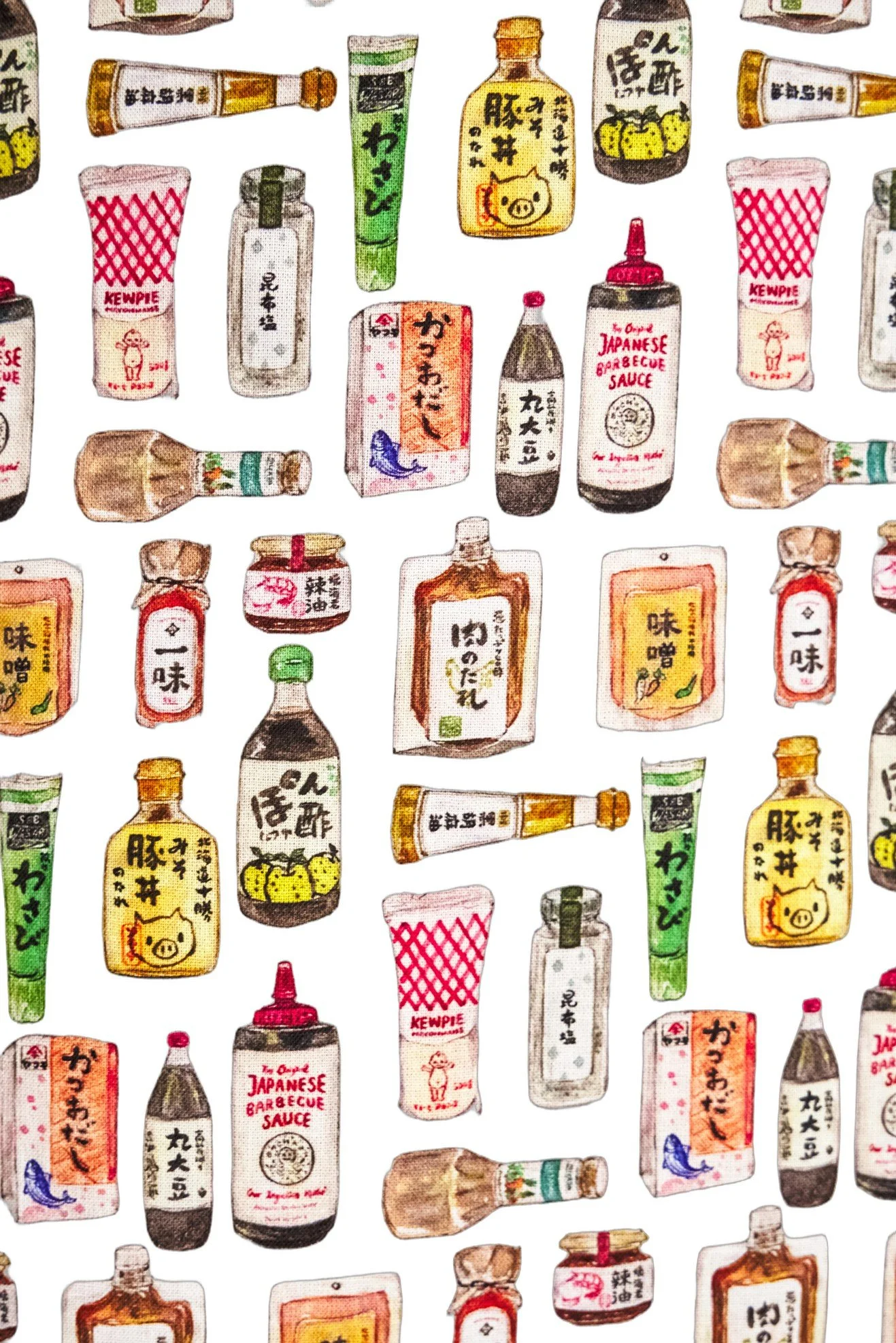 Close-up of Japanese condiment bottle print on cream cotton — Wasabi Lover by B.Brand